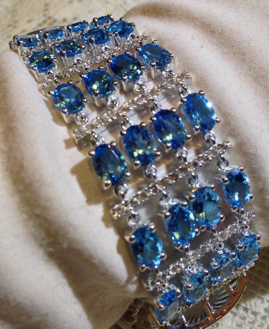 Vintage Blue Topaz 925 Sterling Silver Statement Bracelet