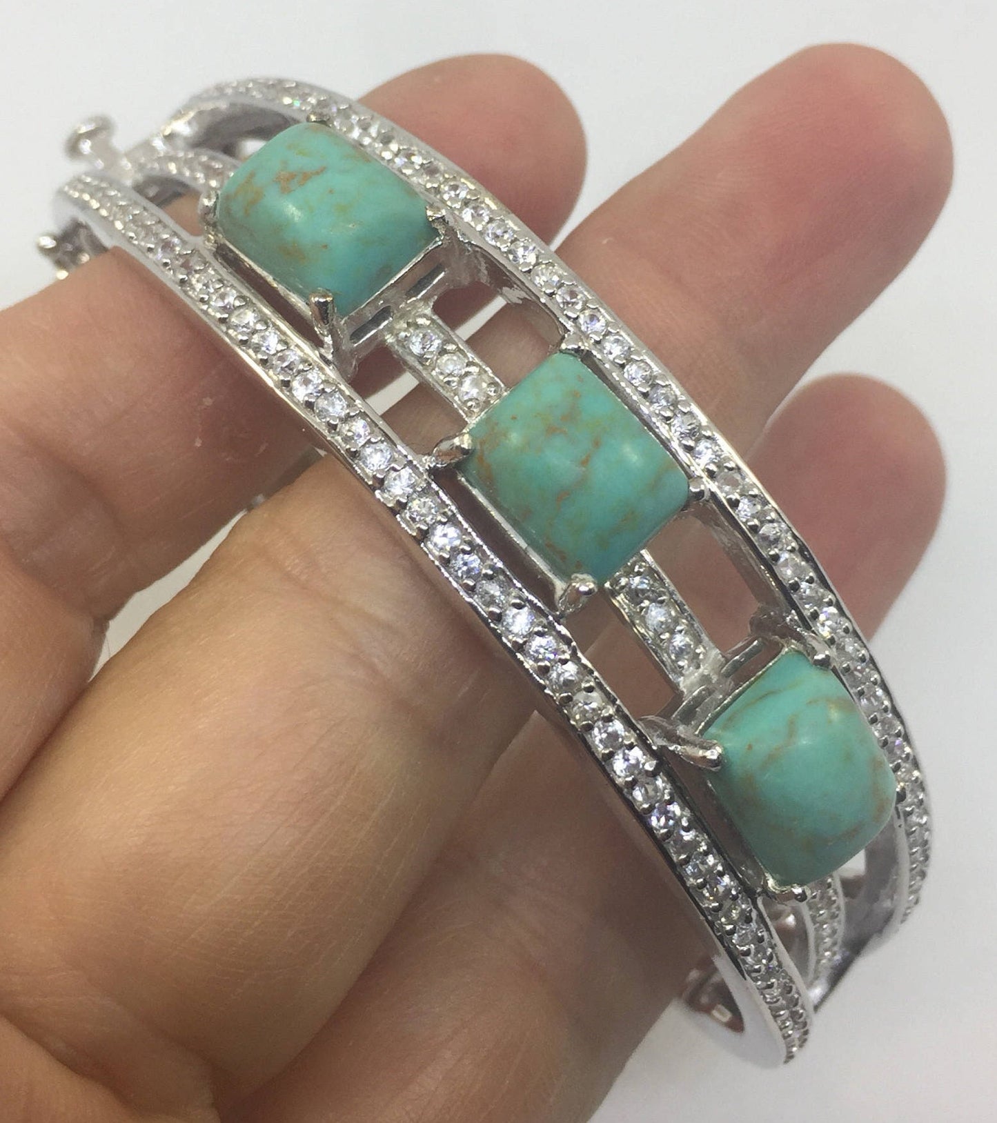 Vintage Victorian 925 Sterling Silver Filigree Persian Turquoise Crystal Bangle Bracelet