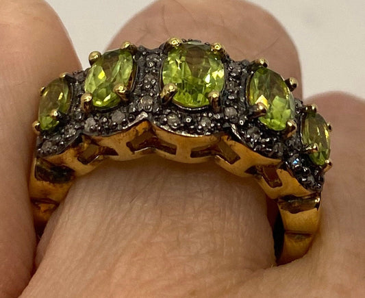 Vintage Handmade Genuine Green Peridot Filigree Setting Golden 925 Sterling Silver Gothic Ring