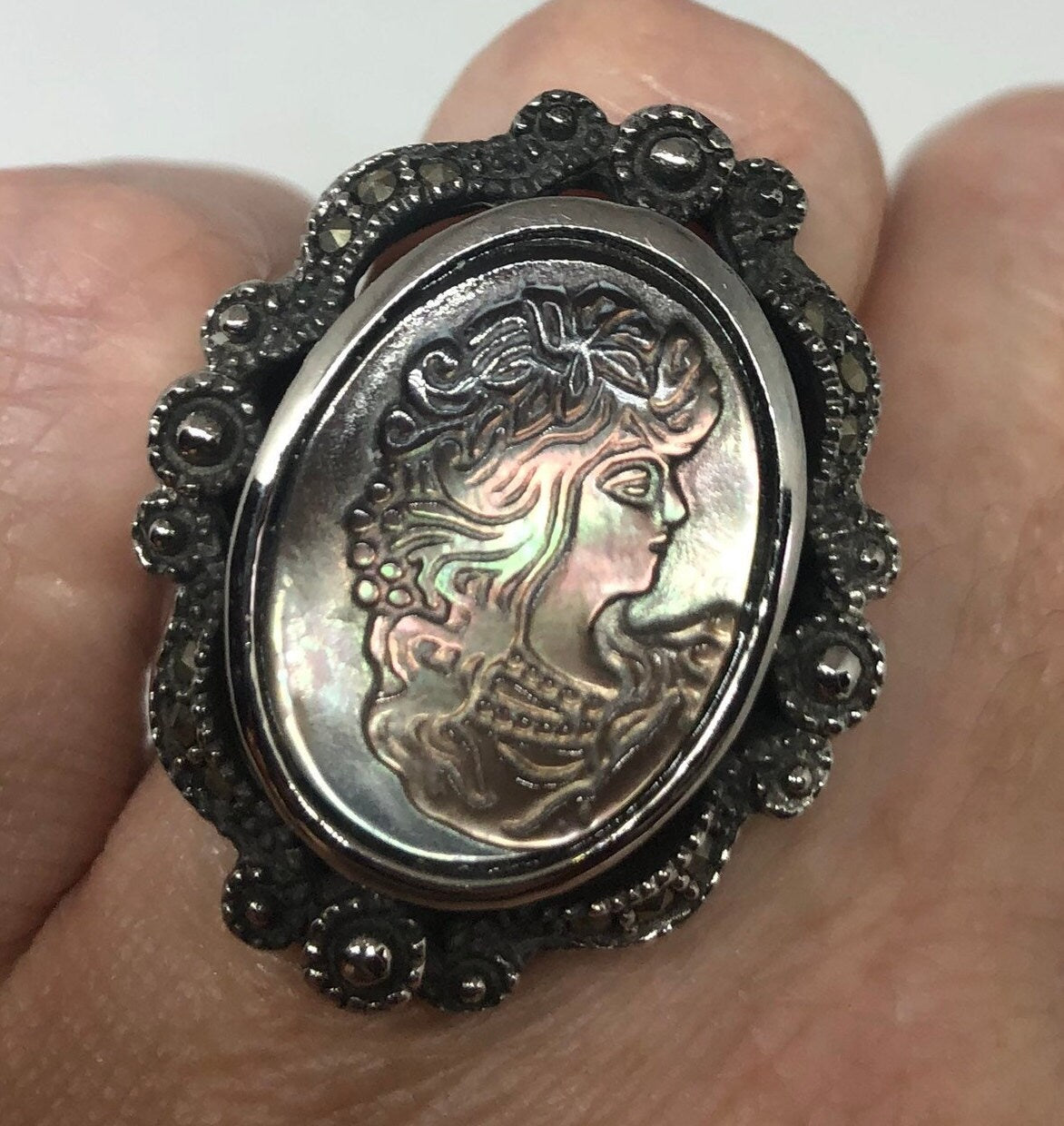 Antique White Mother of Pearl Cameo Marcasite Filigree Ring Size 8