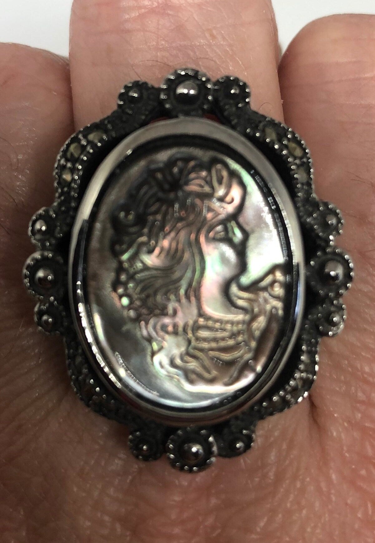 Antique White Mother of Pearl Cameo Marcasite Filigree Ring Size 8