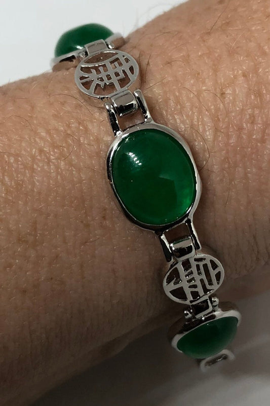 Vintage Green Jade Bracelet Silver Lucky Chinese Calligraphy Words