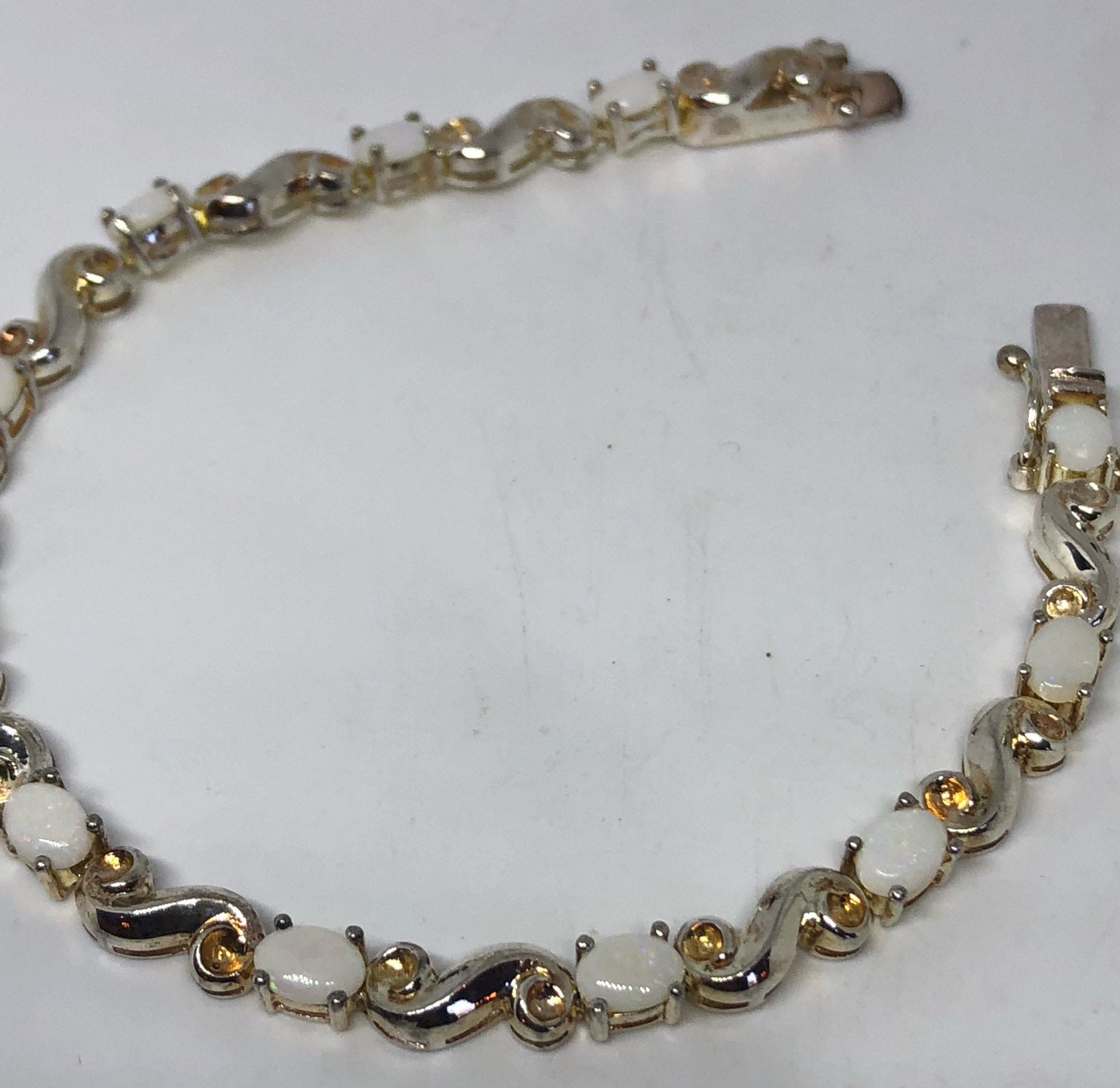 Vintage White Fire Opal Tennis Bracelet 925 Sterling Silver