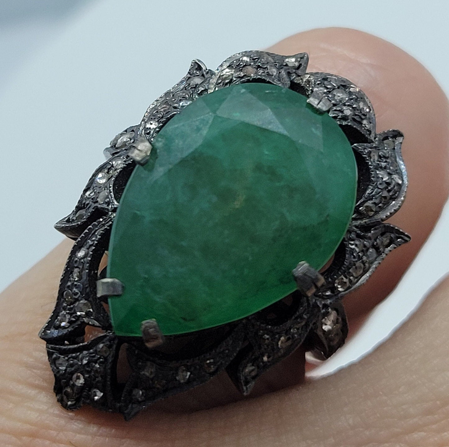 Vintage Green Emerald with Diamonds in 925 Sterling Silver and 18k Gold Ring Genuine Emerald Genuine Diamond Revival Collection