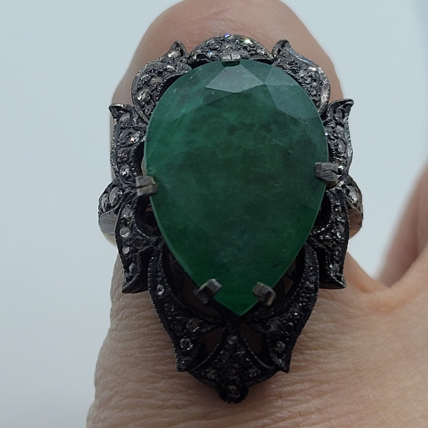 Vintage Green Emerald with Diamonds in 925 Sterling Silver and 18k Gold Ring Genuine Emerald Genuine Diamond Revival Collection