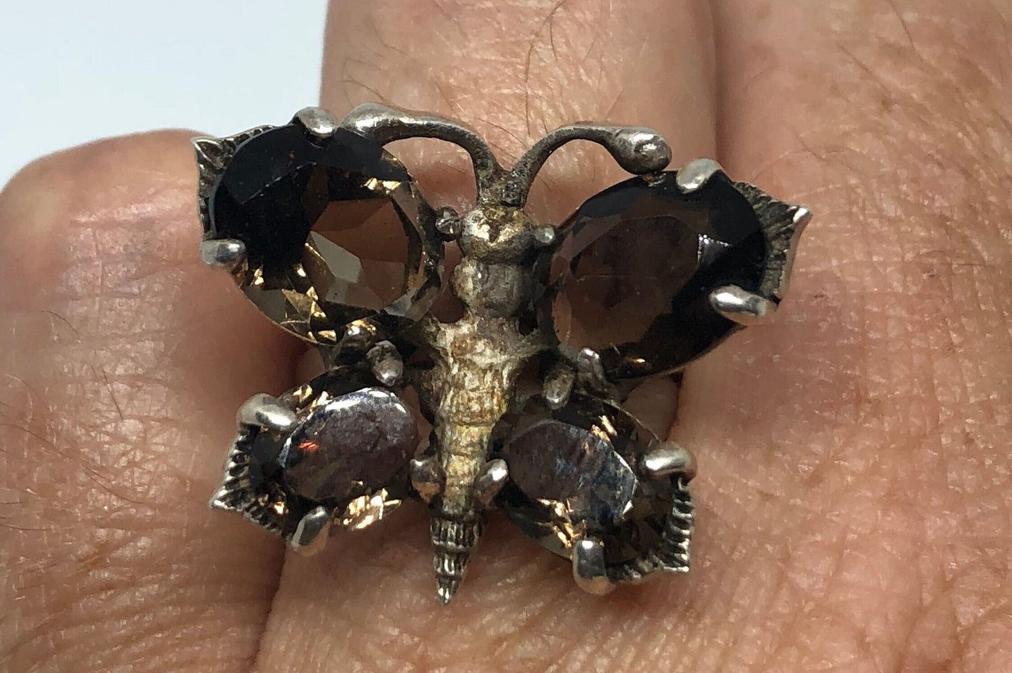 Vintage Smoky Topaz Butterfly Ring 925 Sterling Silver