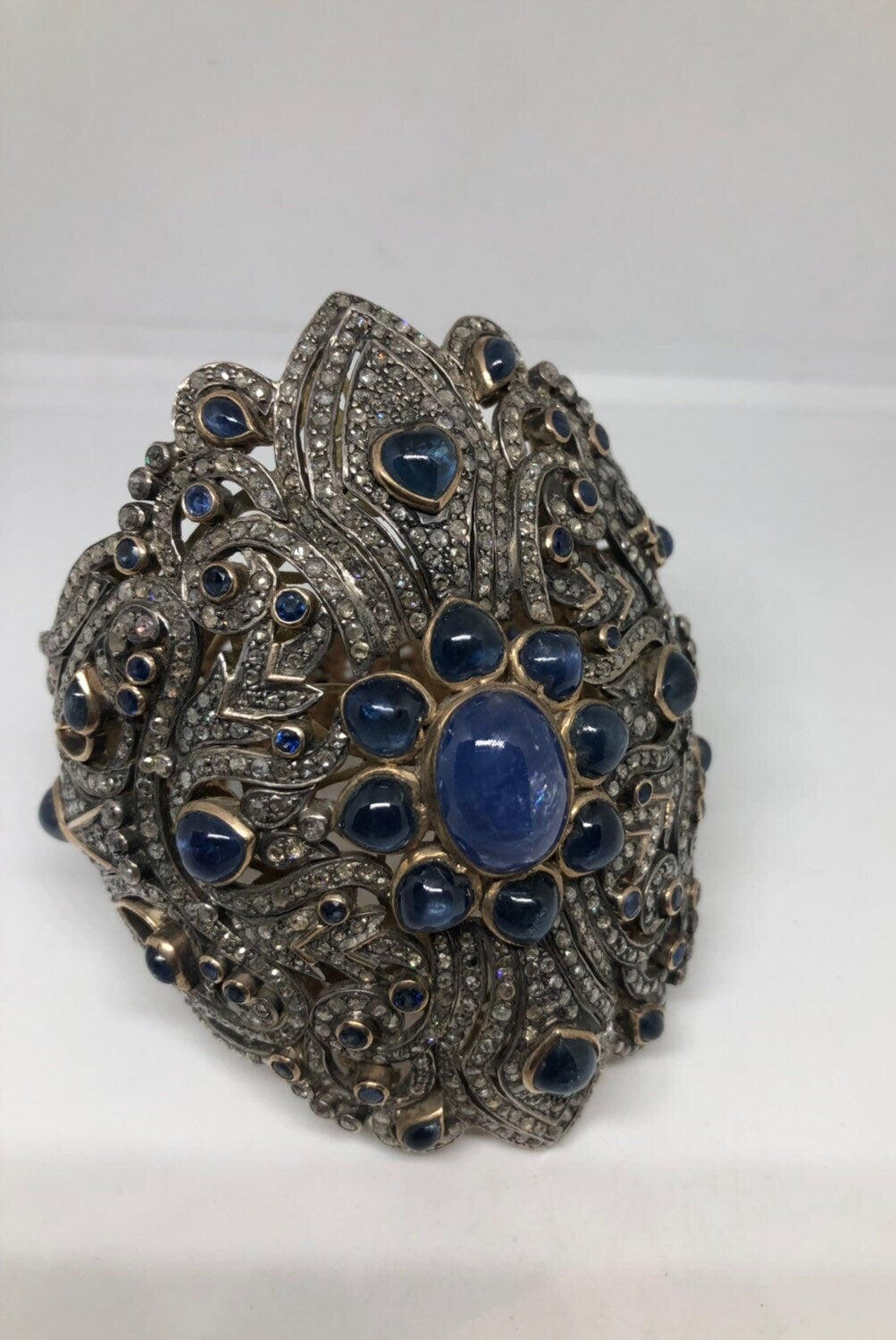 Vintage Rose Gold Cuff Bracelet | Genuine Blue Sapphires Rose Cut Diamonds Rose Gold 925 Sterling Silver Cuff Bracelet
