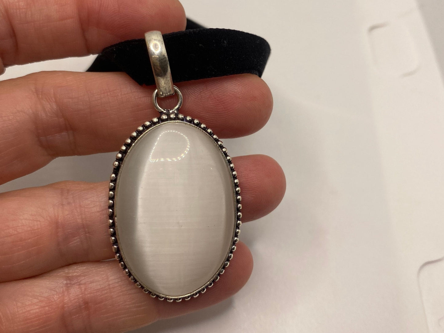 Vintage White Cats Eye Glass Antique Black Velvet Ribbon Choker Necklace