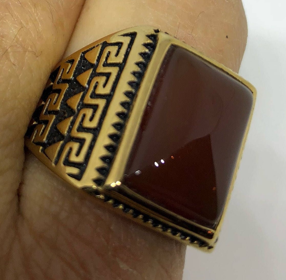 Vintage Gothic Gold Finished Genuine Red Carnelian Mens Ring