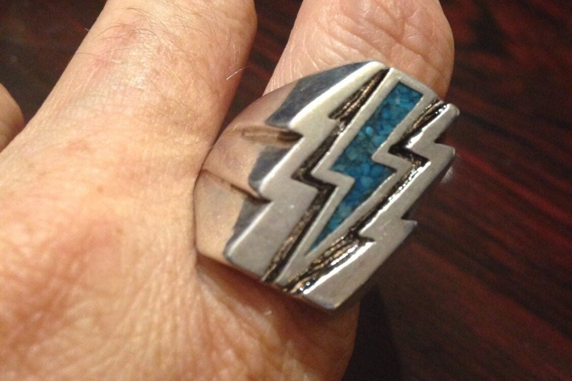 Vintage Southwestern Turquoise Inlay Lighting Bolt Men's Ring