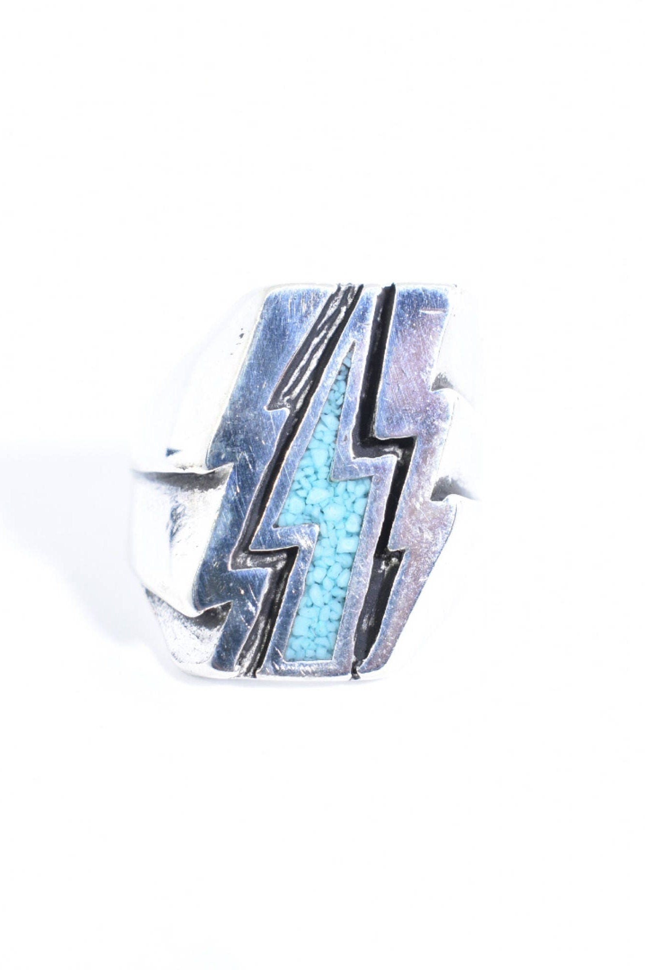 Vintage Southwestern Turquoise Inlay Lighting Bolt Men's Ring