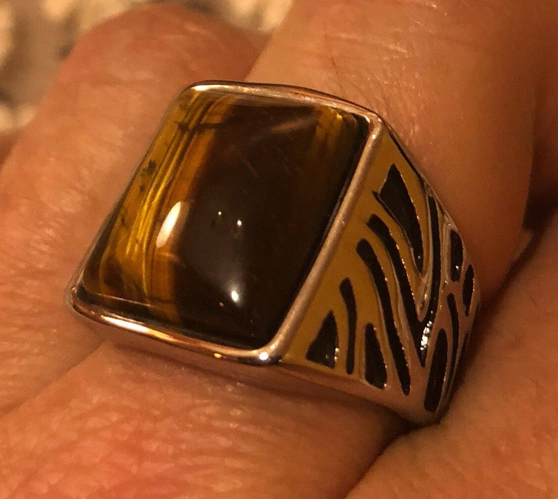 Vintage Gothic Stainless Steel Genuine Tigers Eye Mens Ring