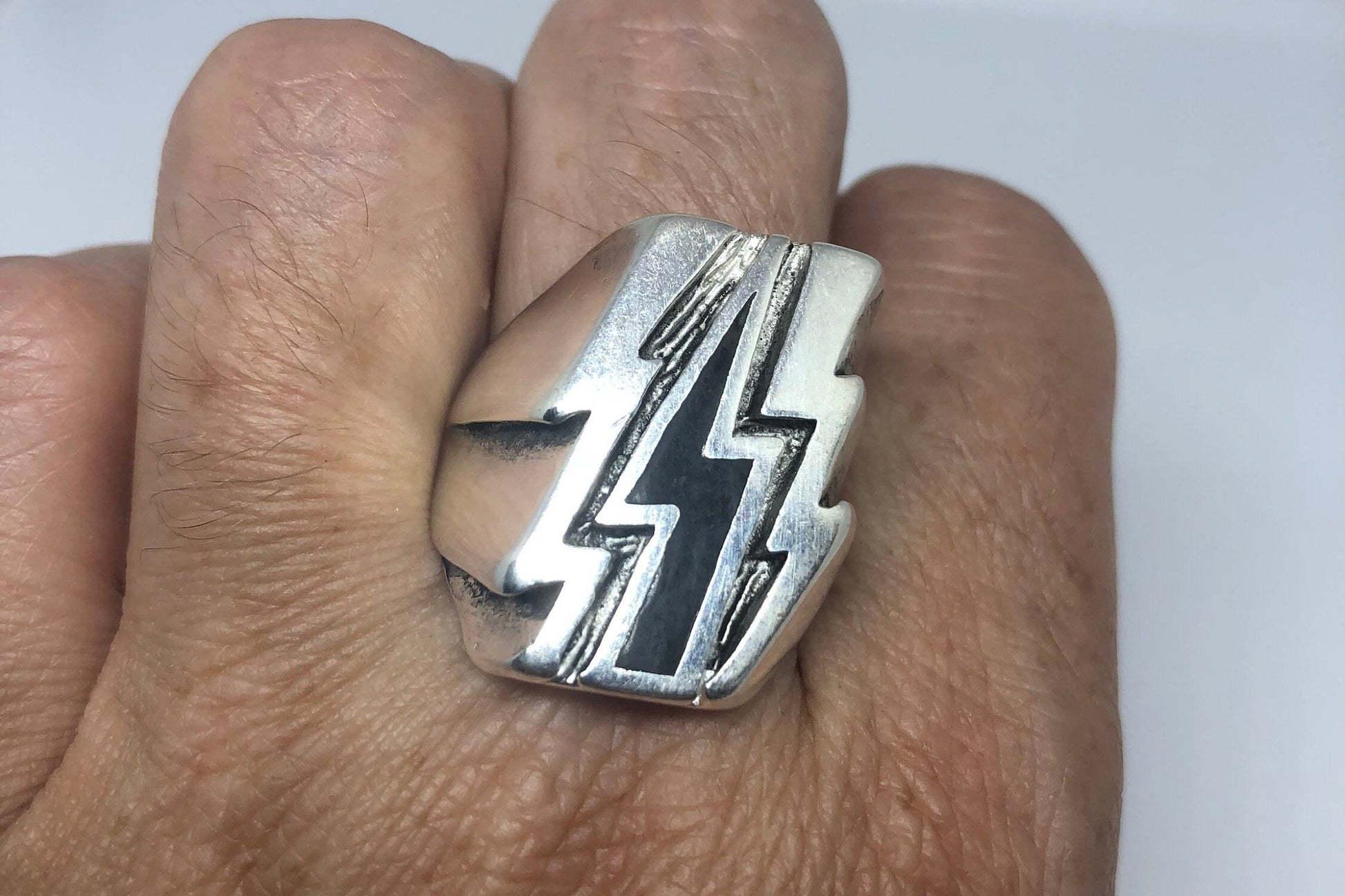 Vintage Southwestern Black Inlay Lighting Bolt Mens Biker Ring