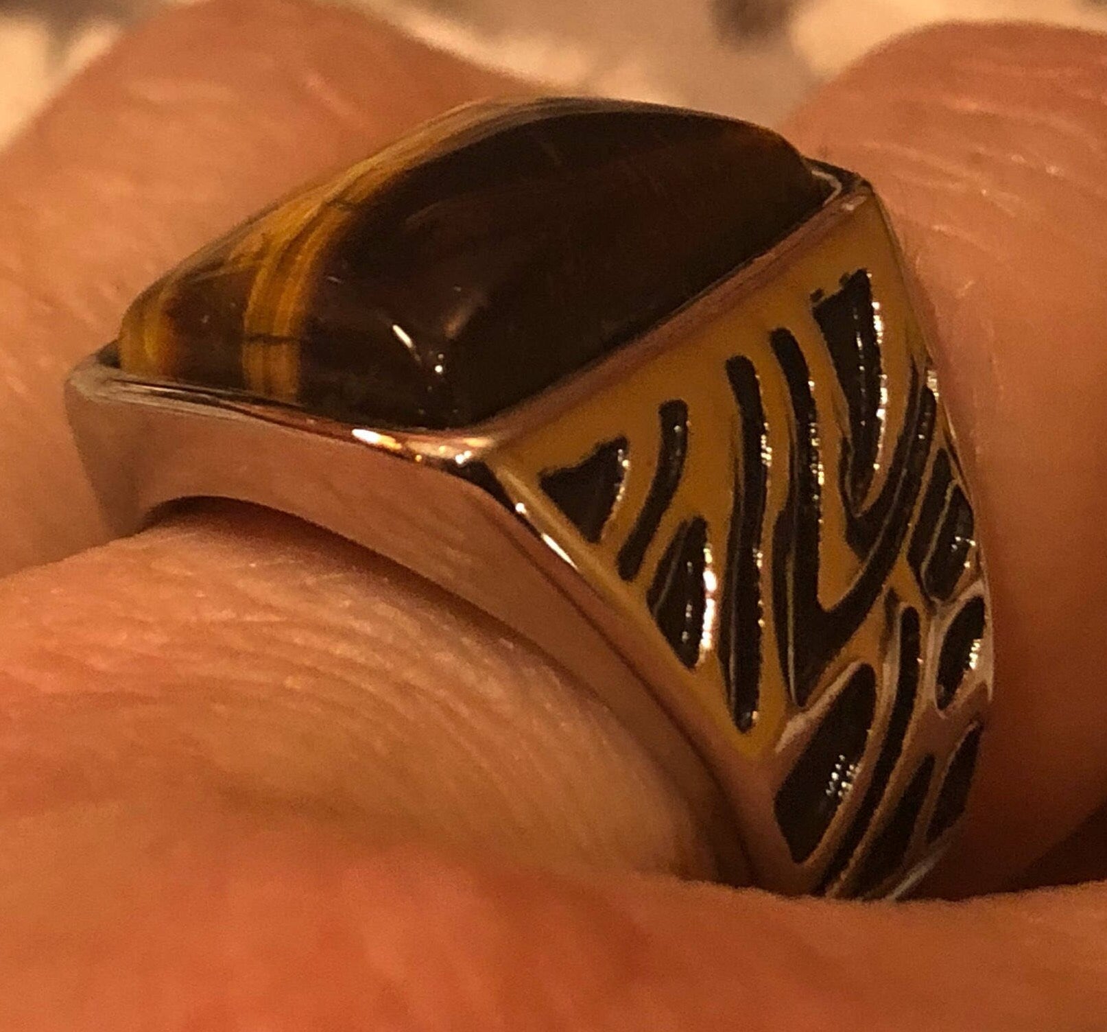 Vintage Gothic Stainless Steel Genuine Tigers Eye Mens Ring