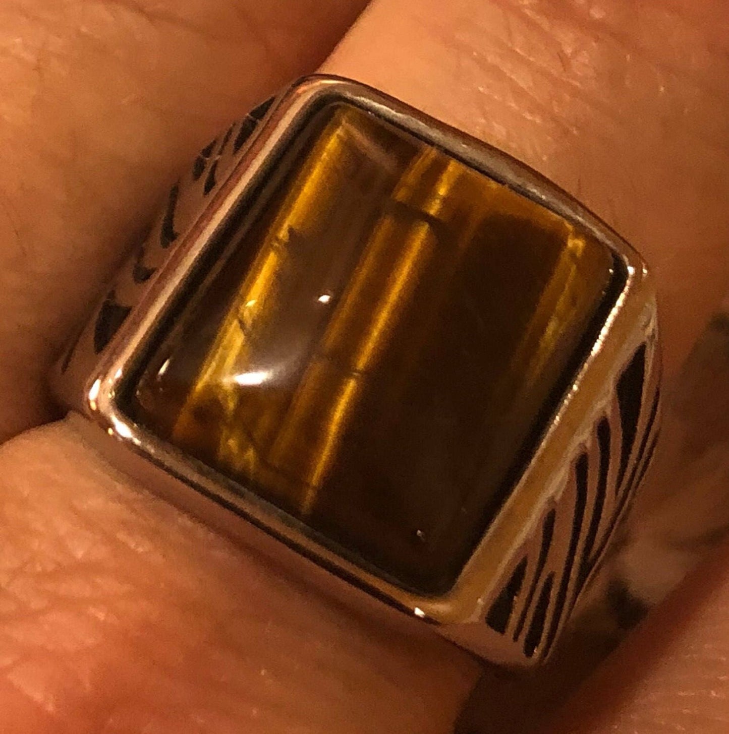 Vintage Gothic Stainless Steel Genuine Tigers Eye Mens Ring