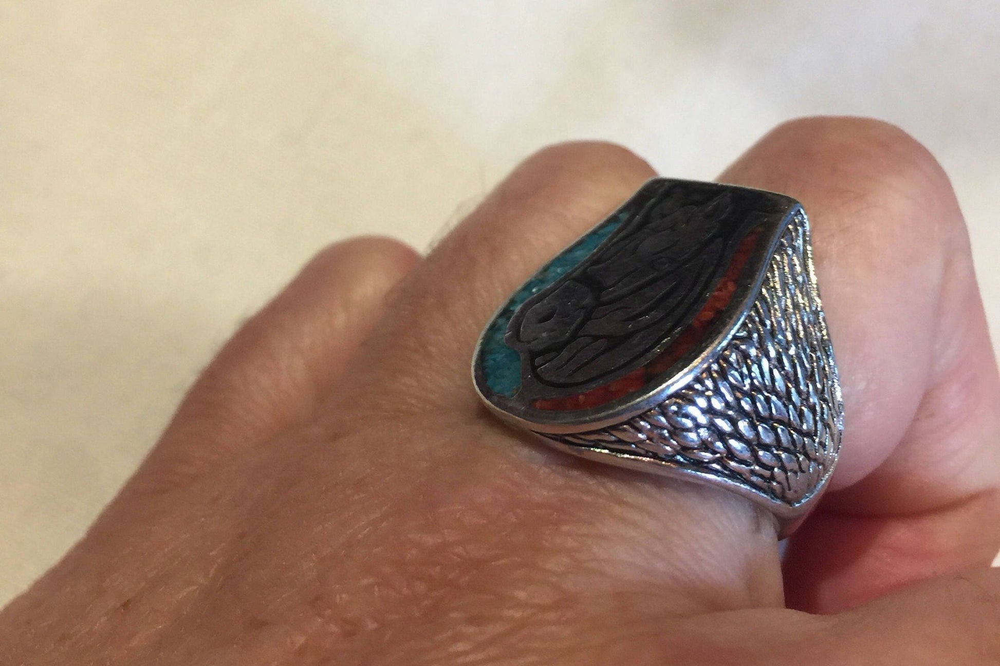 Vintage Native American Style Southwestern Turquoise Stone Inlay Horse Shoe Mens Ring