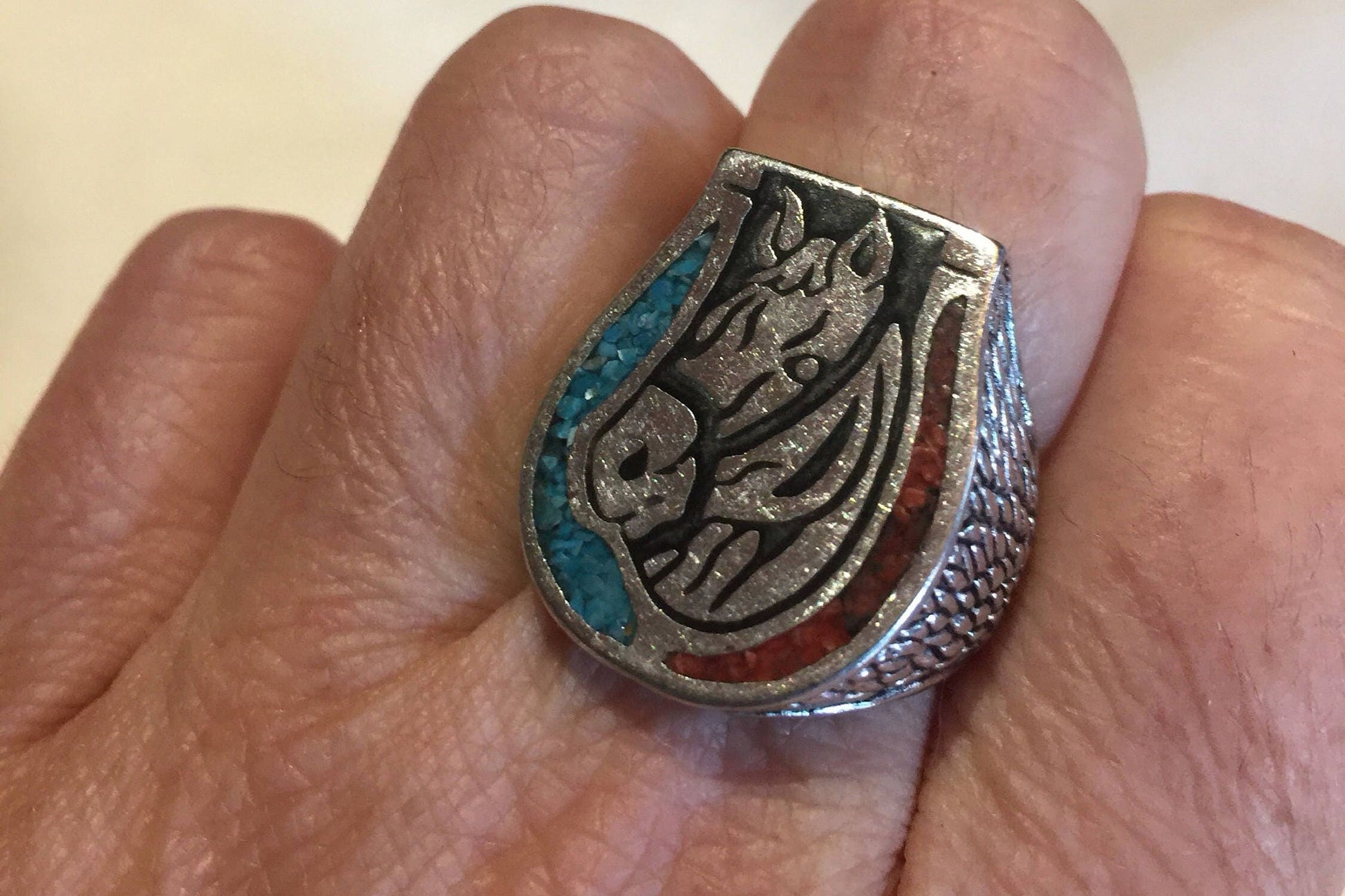 Vintage Native American Style Southwestern Turquoise Stone Inlay Horse Shoe Mens Ring