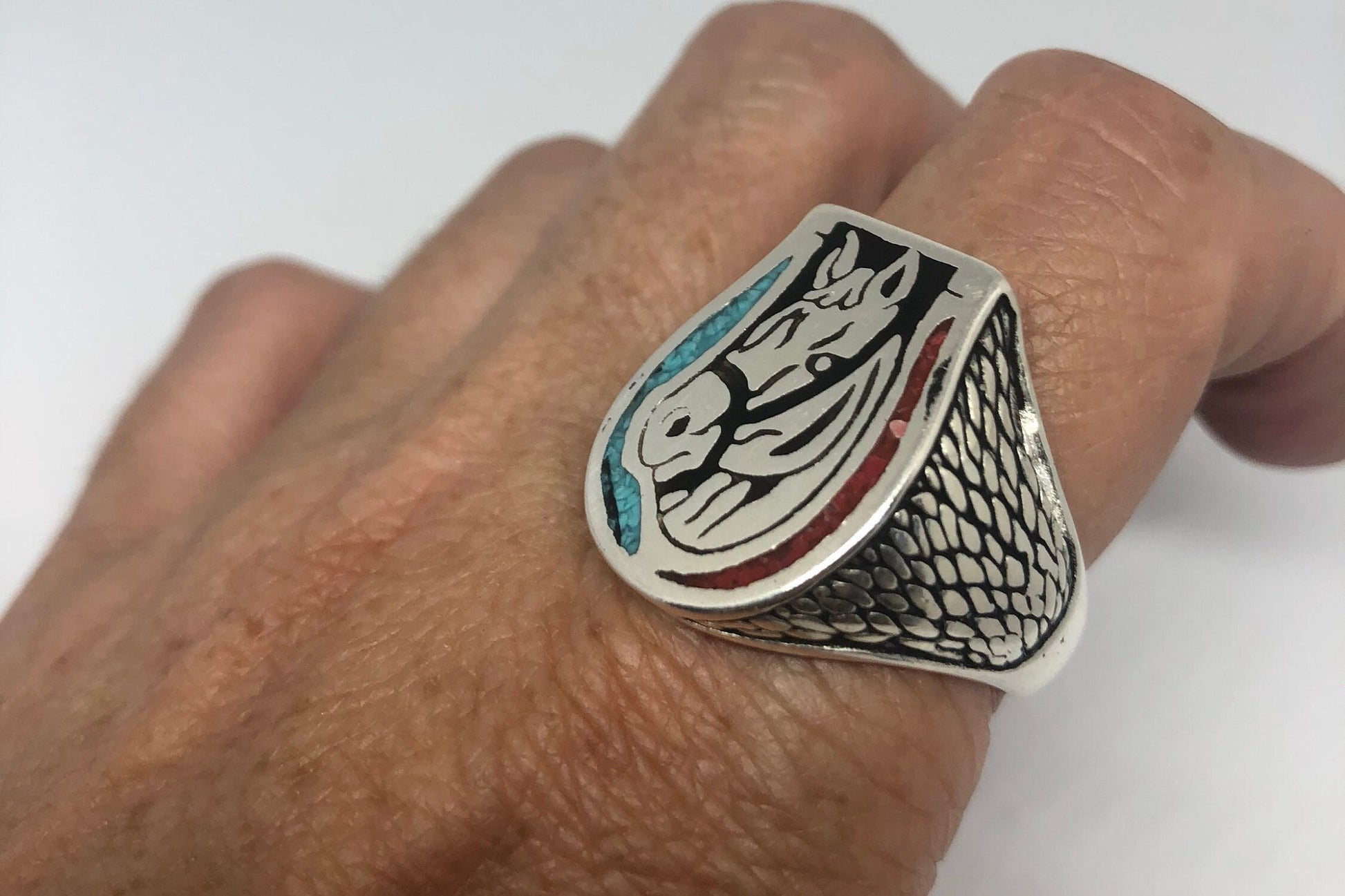 Vintage Native American Style Southwestern Turquoise Stone Inlay Horse Shoe Mens Ring