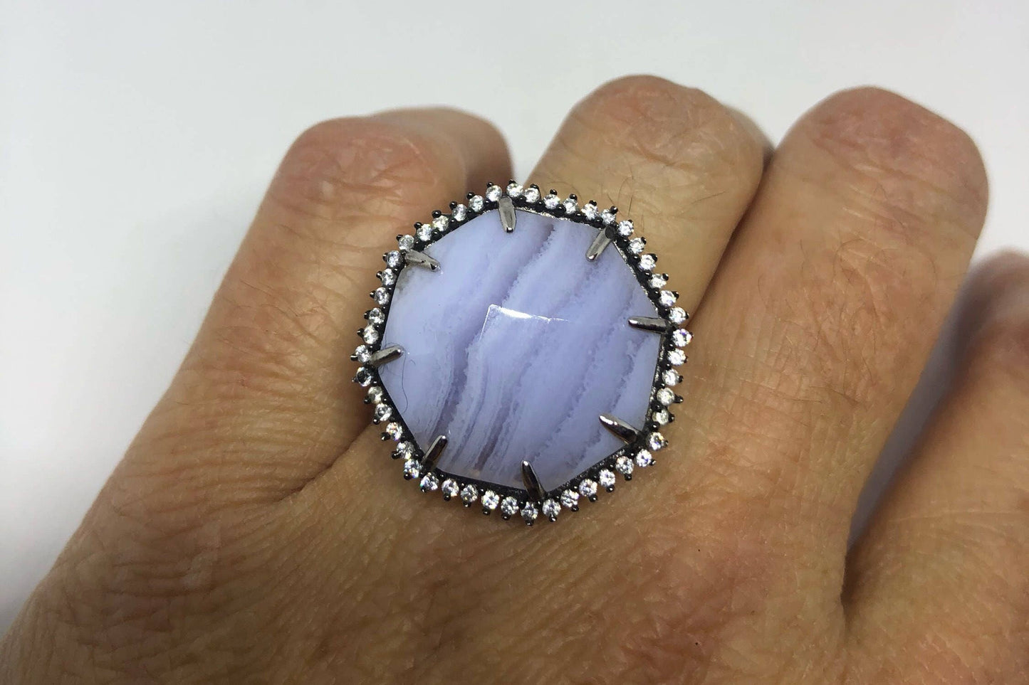 Vintage Genuine Blue Lace Agate 925 Sterling Silver Ring