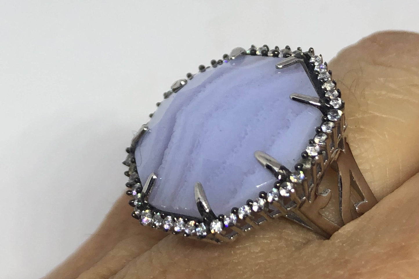 Vintage Genuine Blue Lace Agate 925 Sterling Silver Ring