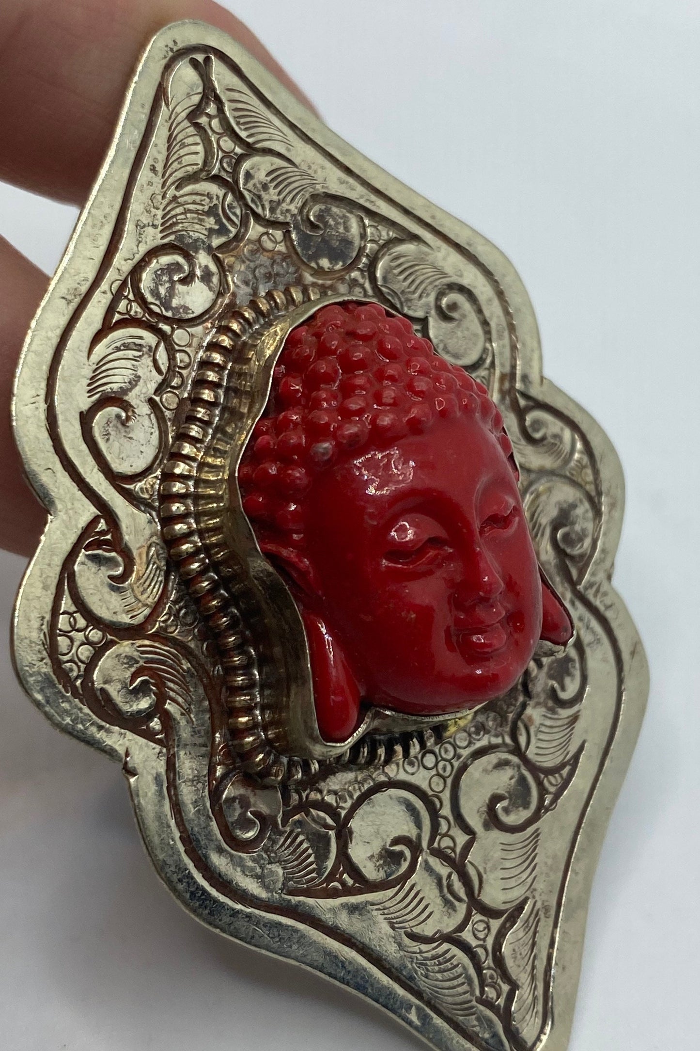 Vintage Bakelite Buddha White Bronze Silver Ring Adjustable