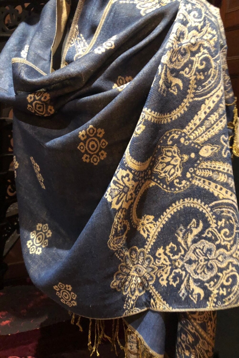 Navy Blue Paisley Brocade Pashmina Scarf Wrap Scarf