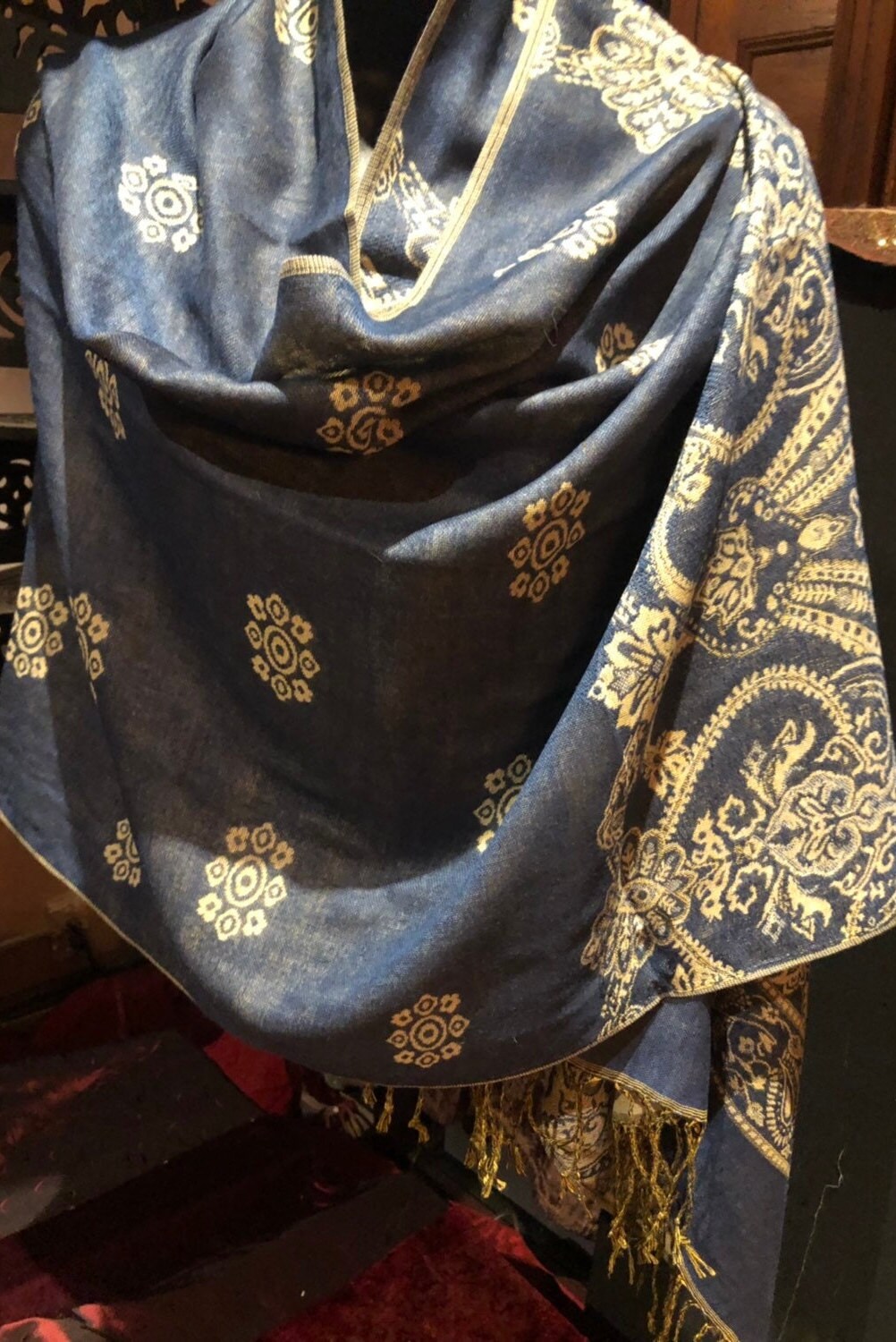 Navy Blue Paisley Brocade Pashmina Scarf Wrap Scarf