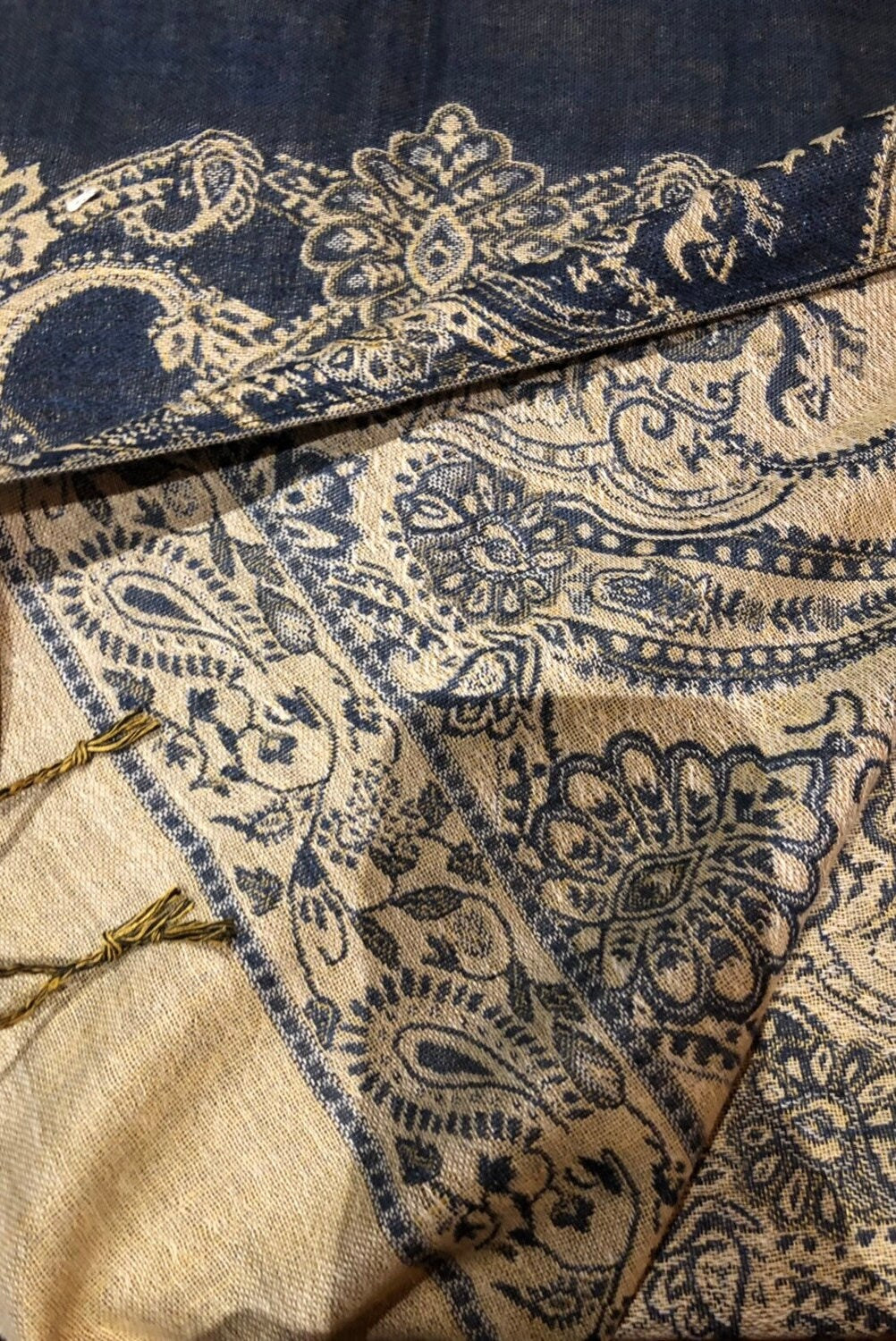 Vintage Navy Blue Paisley Brocade Pashmina Scarf Wrap Scarf