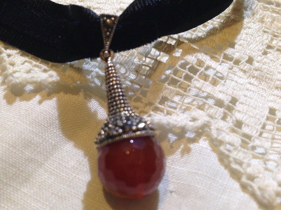 Handmade Turkish Ottoman Styled Y Necklace 925 Sterling Silver Marcasite Carnelian Pendant