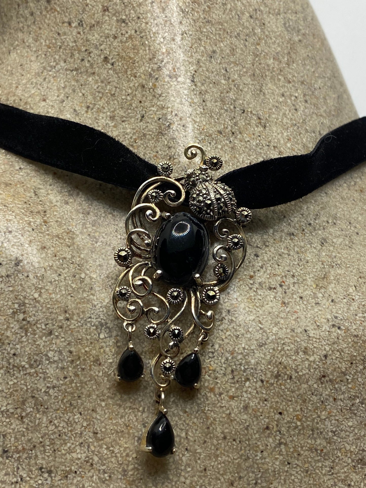 Vintage Black Onyx Marcasite Choker 925 Sterling Silver Deco Pendant Necklace