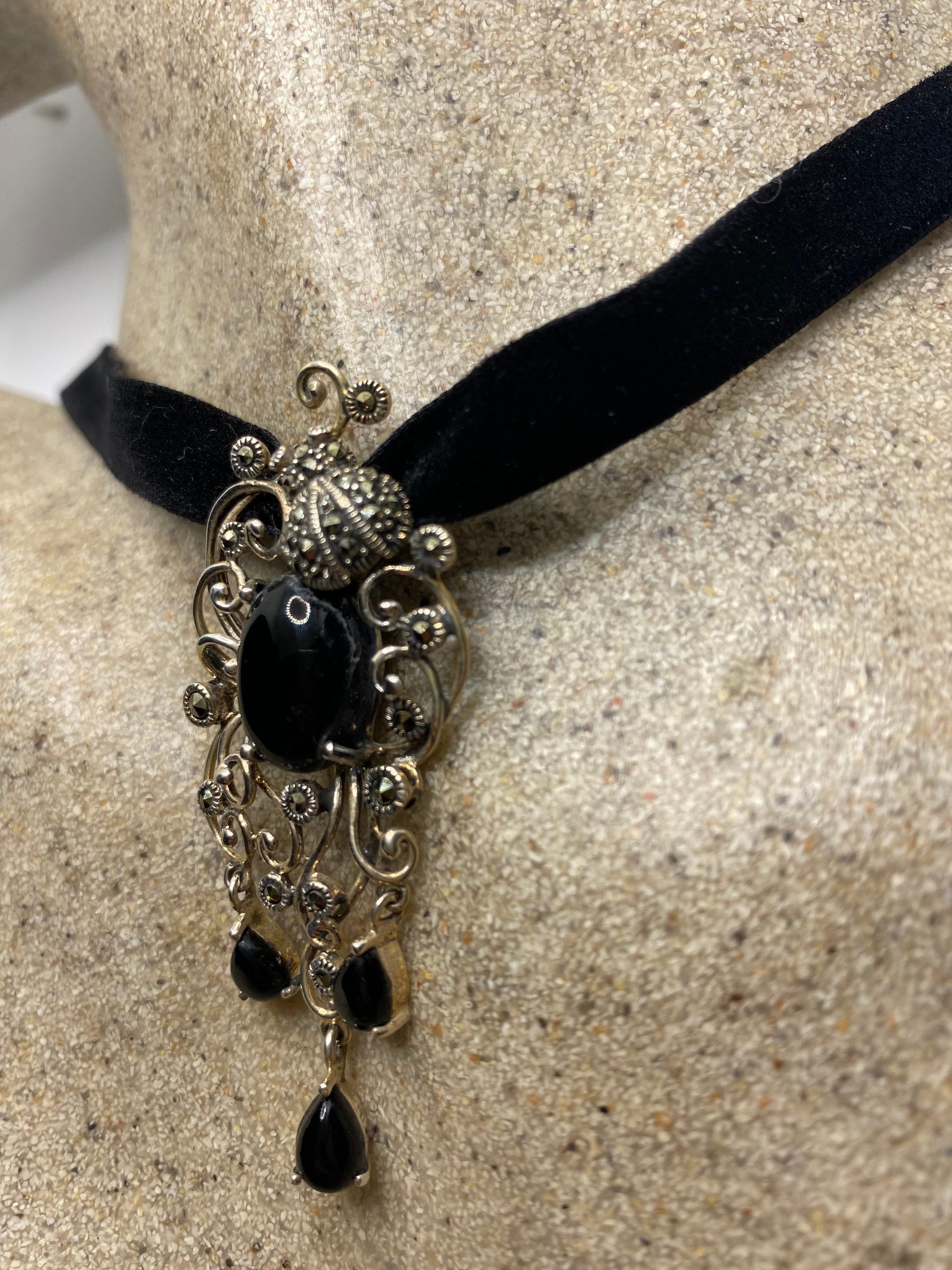 Vintage Black Onyx Marcasite Choker 925 Sterling Silver Deco Pendant Necklace