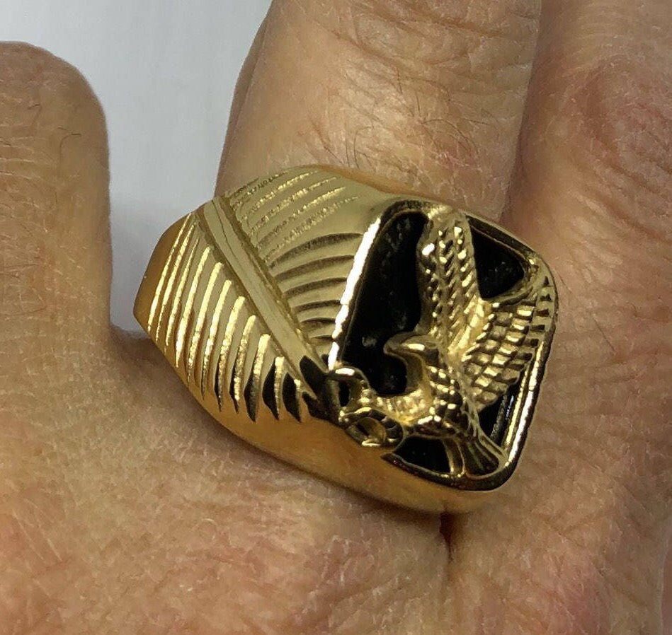 Vintage Black Onyx Southwestern Mens Eagle Golden Stainless Steel Ring
