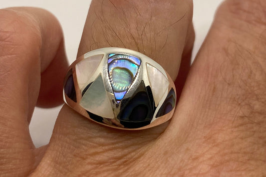 Vintage Deco Abalone Mother of Pearl Ring 925 Sterling Silver
