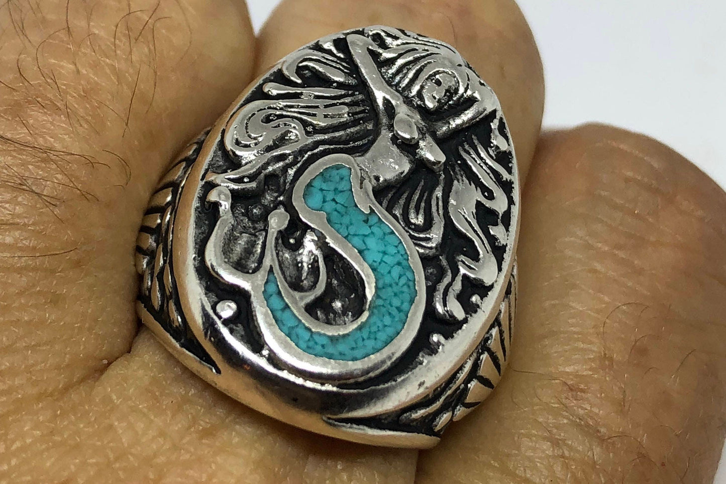 Mermaid ring with blue turquoise inlay in white bronze