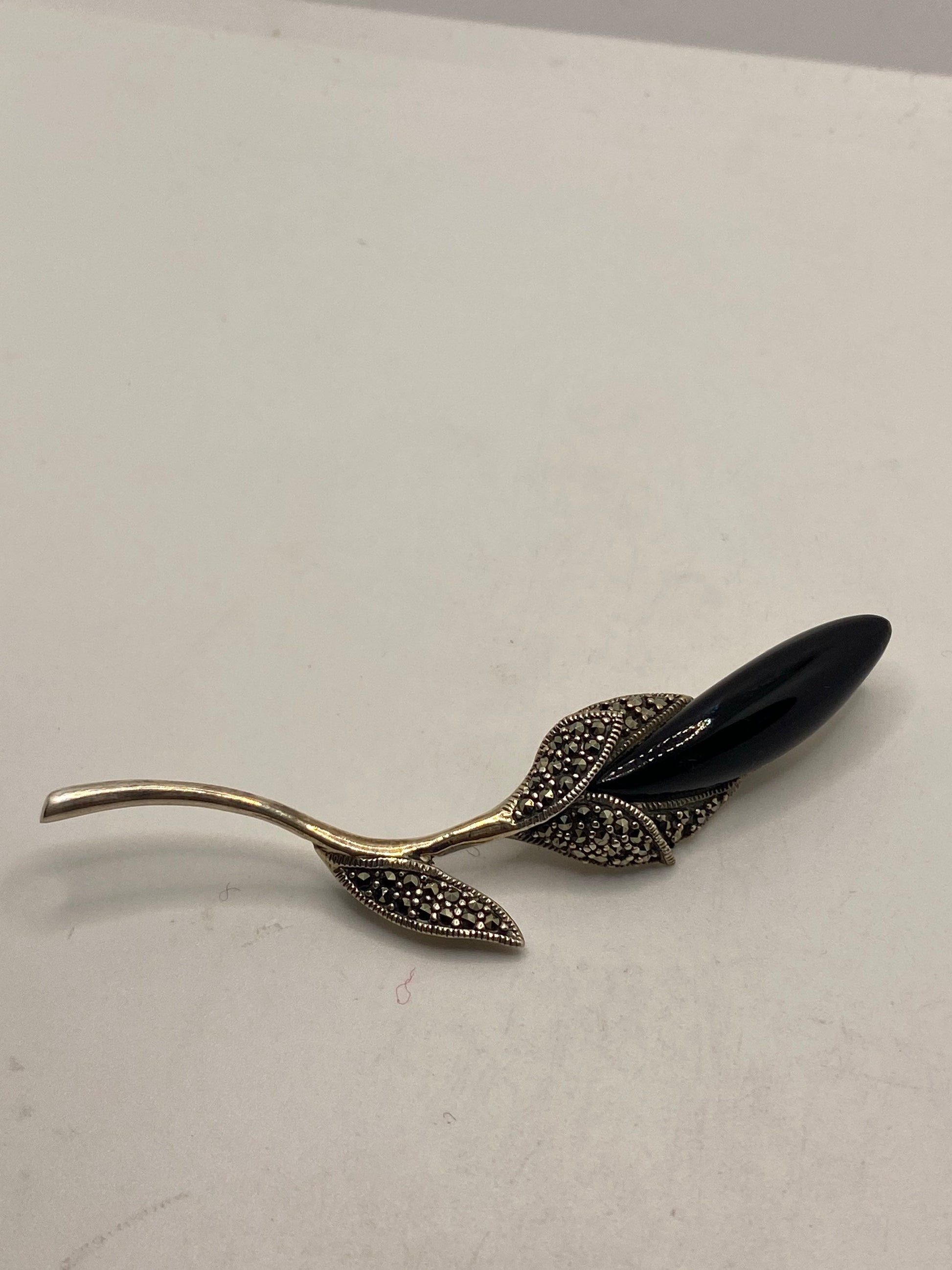 Vintage Black Onyx Flower Pin Marcasite 925 Sterling Silver Brooch