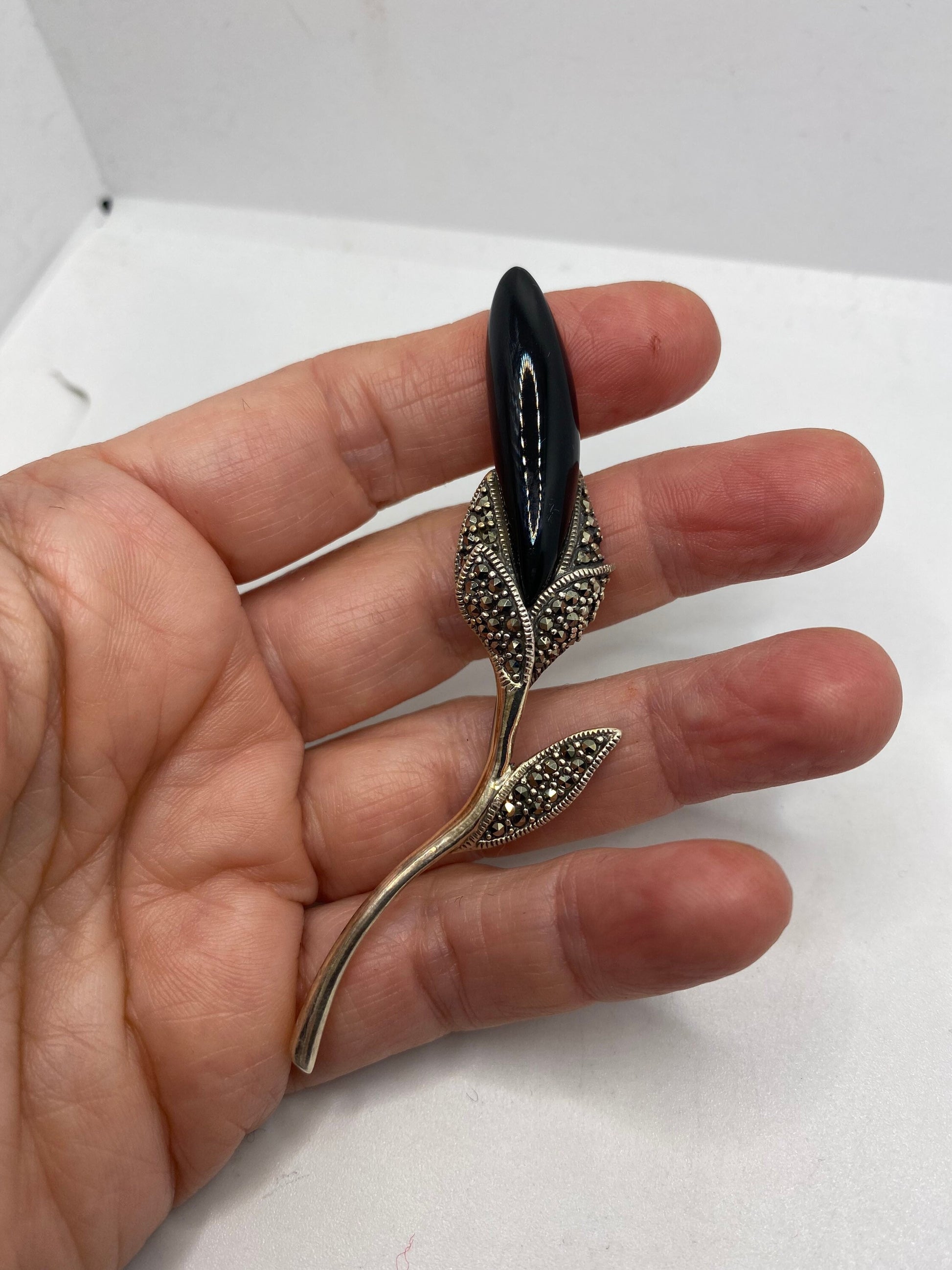 Vintage Black Onyx Flower Pin Marcasite 925 Sterling Silver Brooch