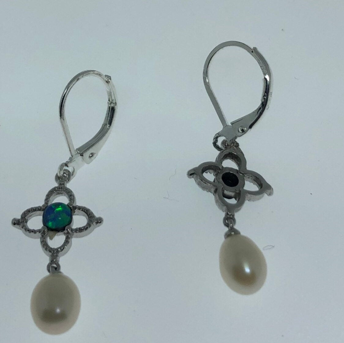 Vintage Fire Opal Earrings 925 Sterling Silver Pearl Dangle