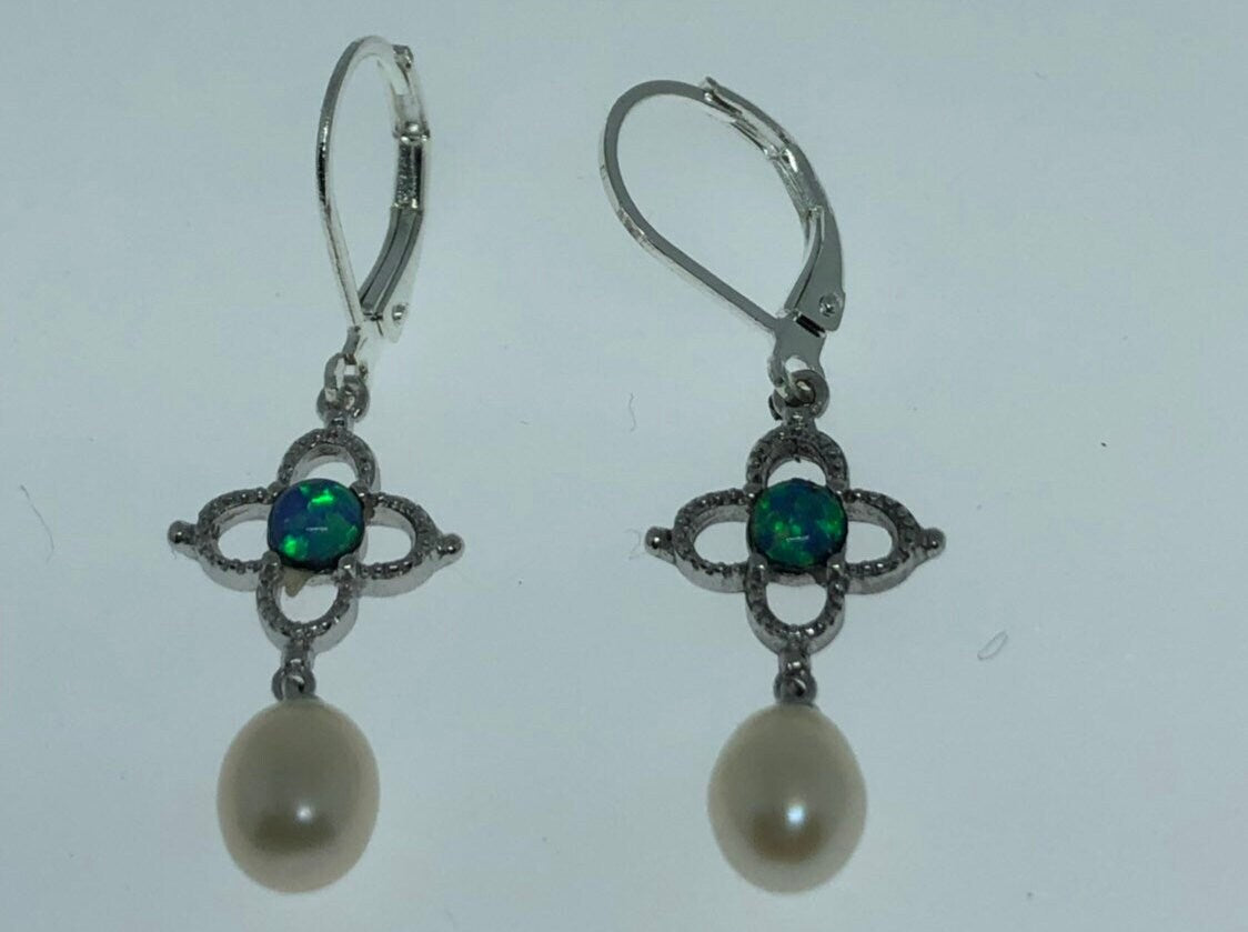 Vintage Fire Opal Earrings 925 Sterling Silver Pearl Dangle