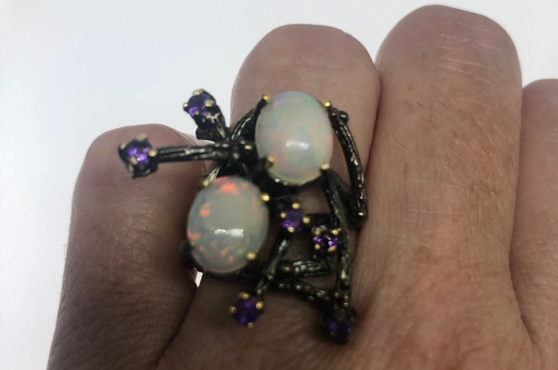 Vintage Handmade White Fire Opal Sterling Silver Black Rhodium Ring