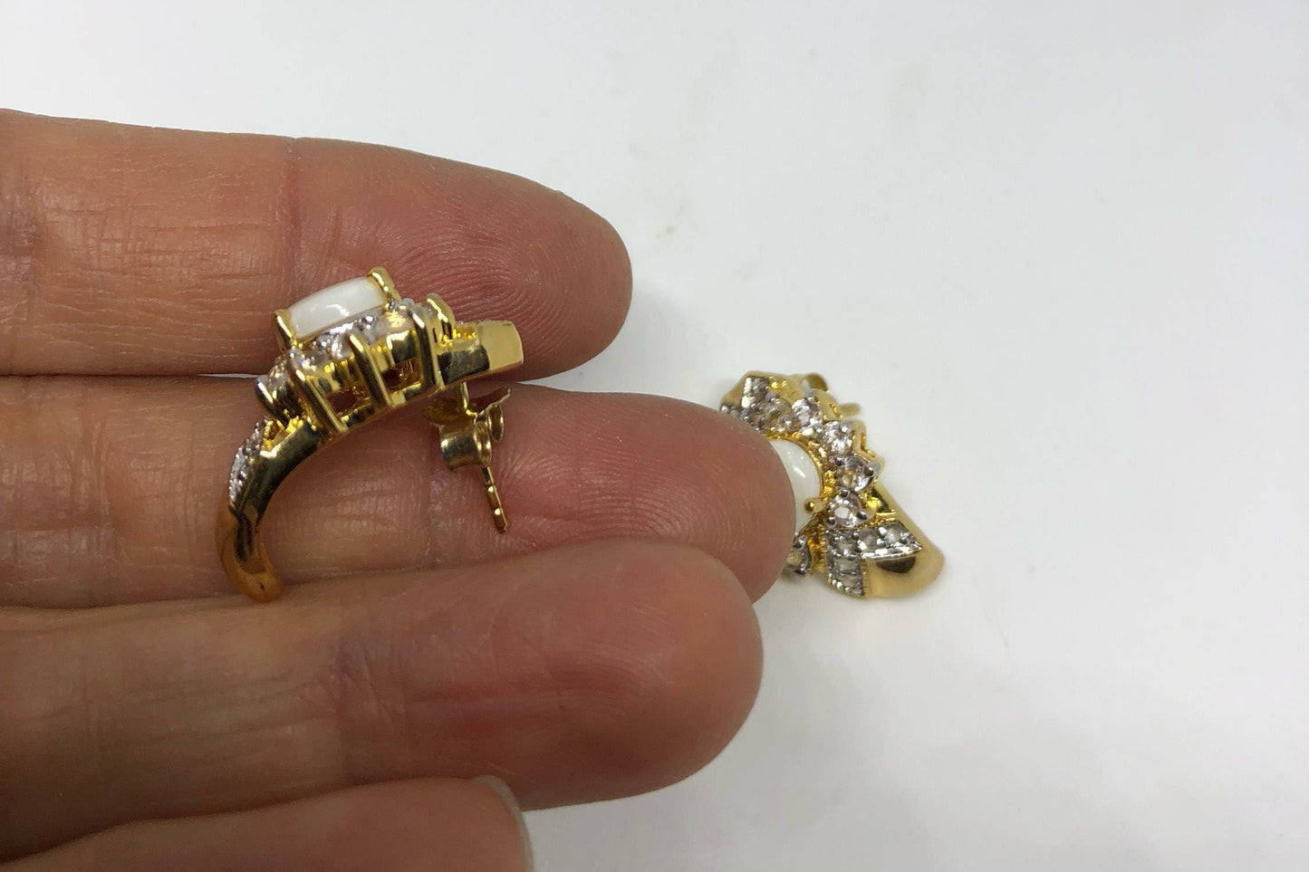 Vintage White Fire Opal Earrings Golden 925 Sterling Silver button Studs