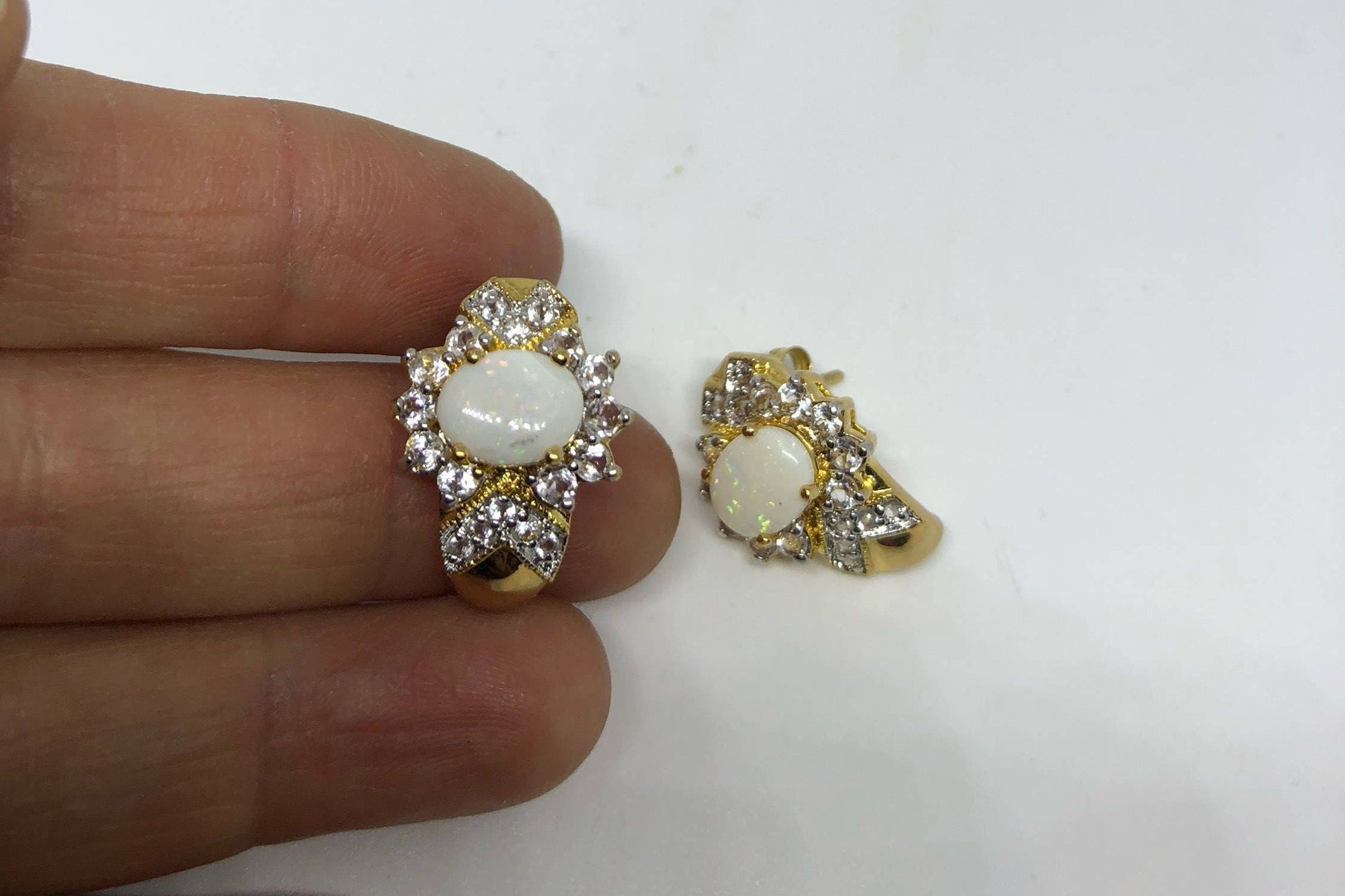 Vintage White Fire Opal Earrings Golden 925 Sterling Silver button Studs