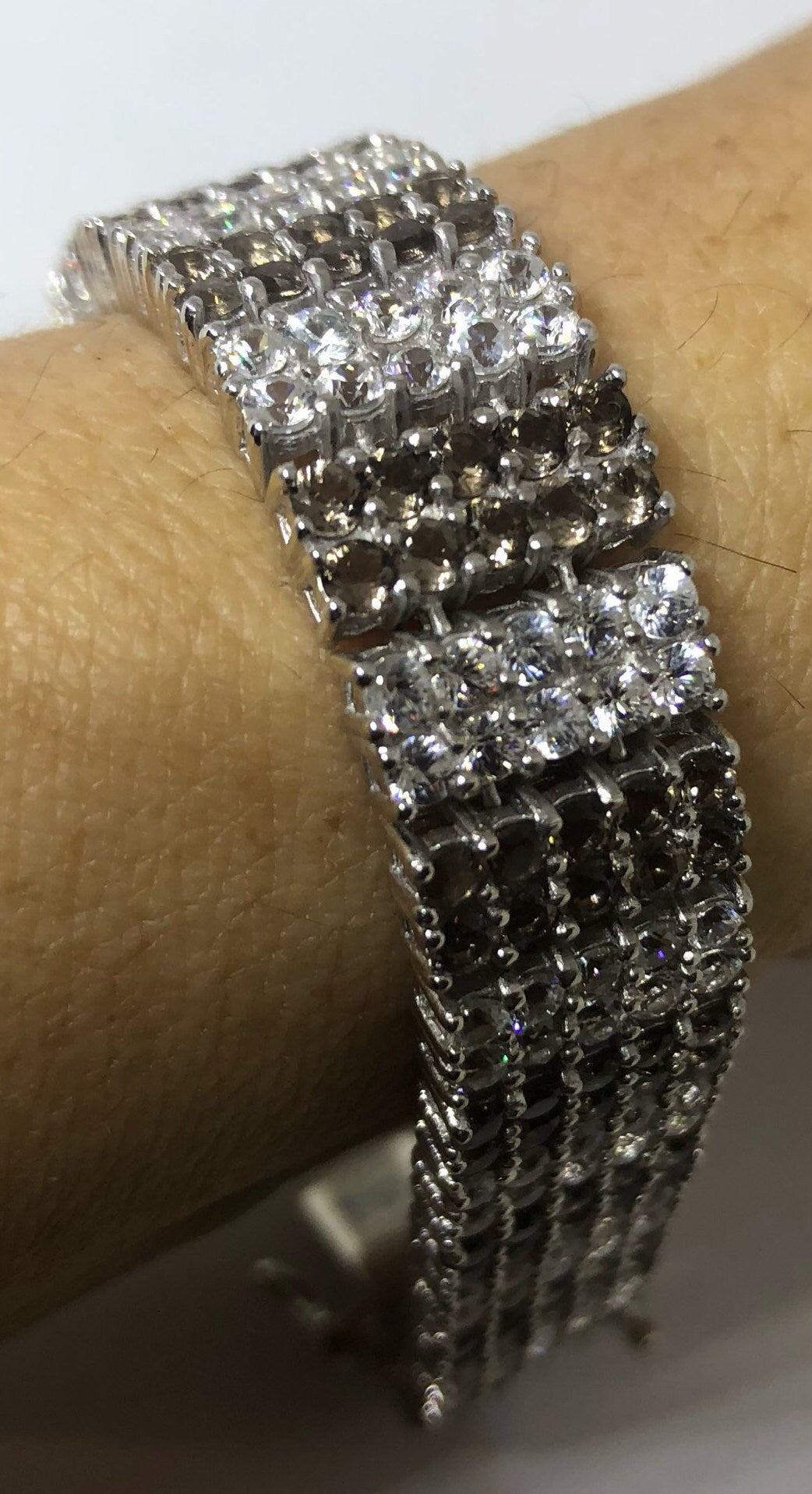 Handmade Genuine Smoky Topaz and White Sapphires 925 Sterling Silver Tennis Bracelet
