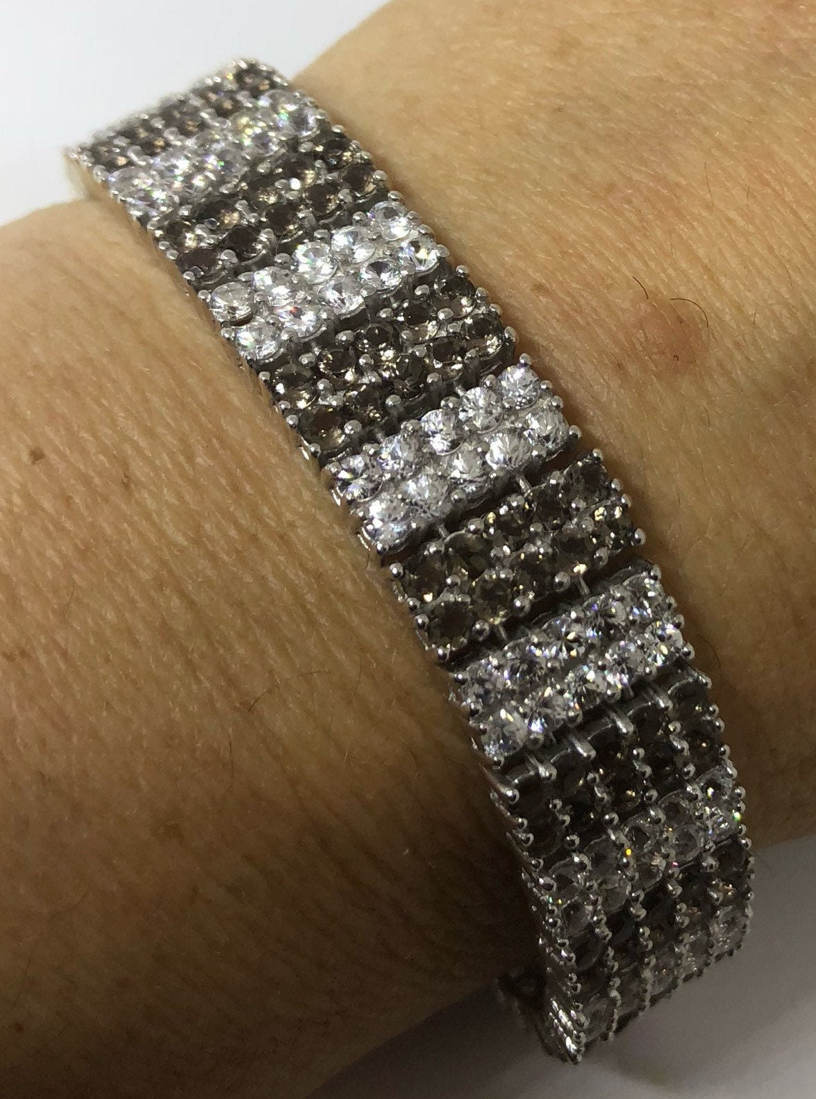 Handmade Genuine Smoky Topaz and White Sapphires 925 Sterling Silver Tennis Bracelet