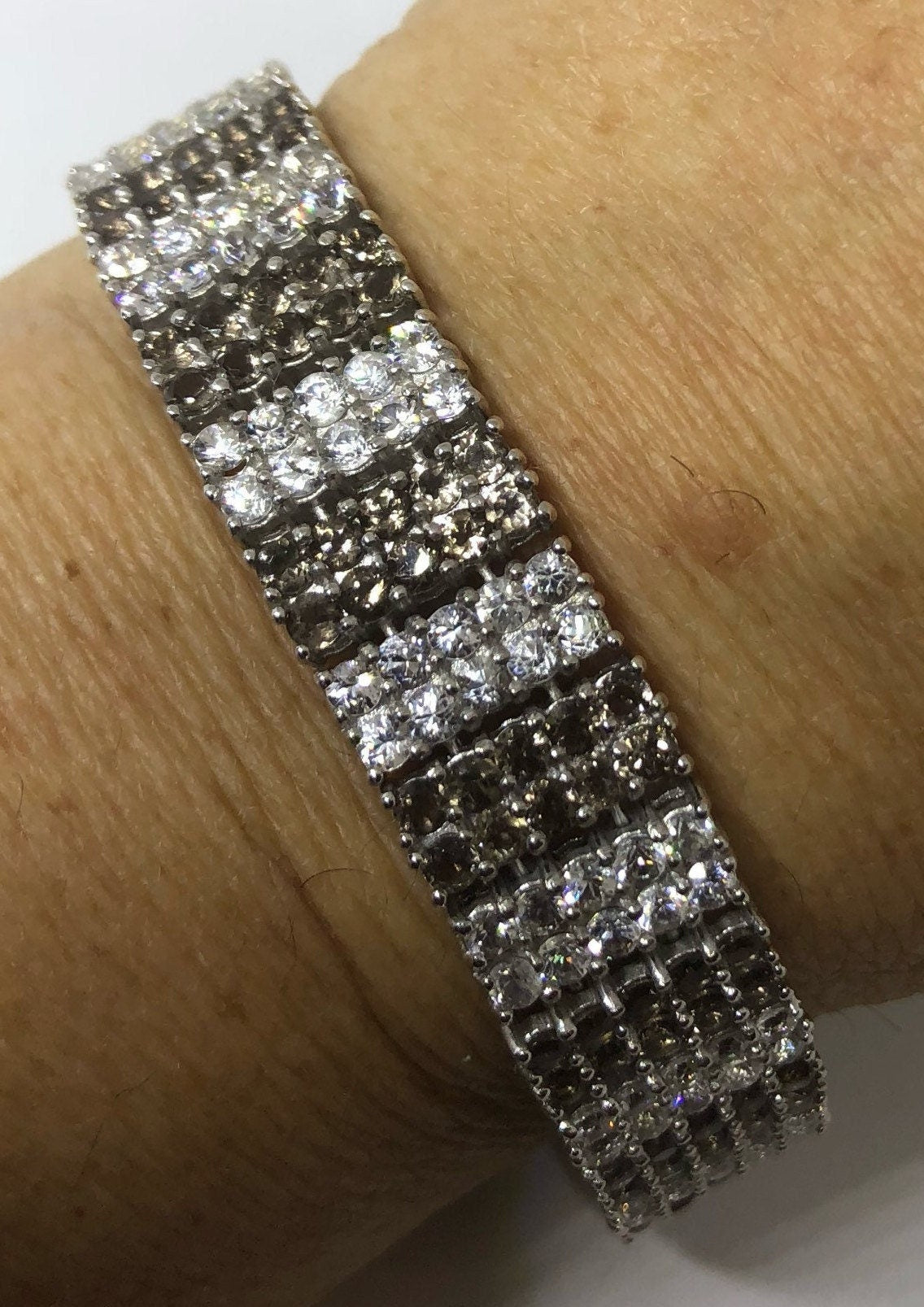 Handmade Genuine Smoky Topaz and White Sapphires 925 Sterling Silver Tennis Bracelet