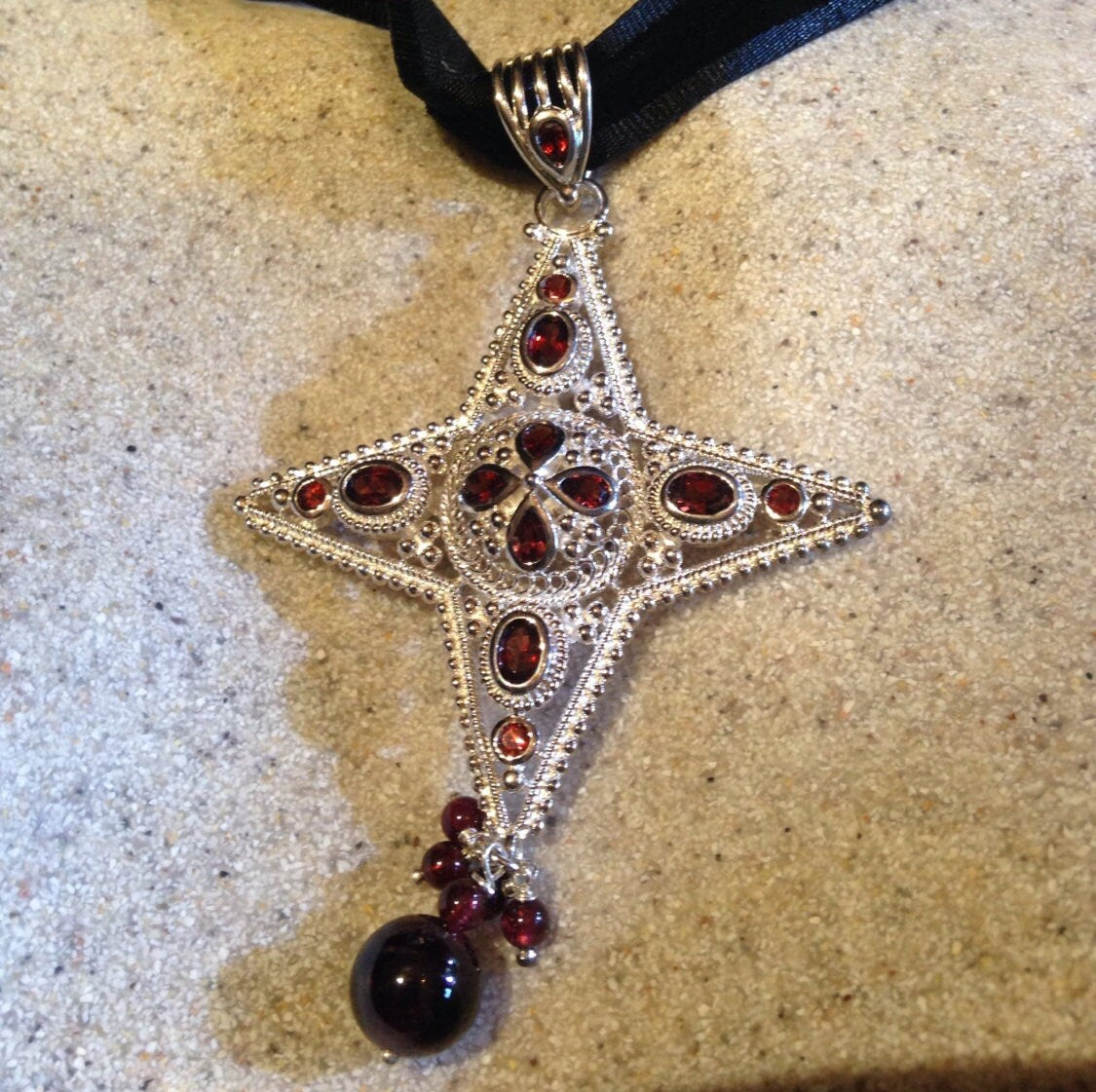 Vintage Bohemian Garnet Cross Choker 925 Sterling Silver Pendant Necklace