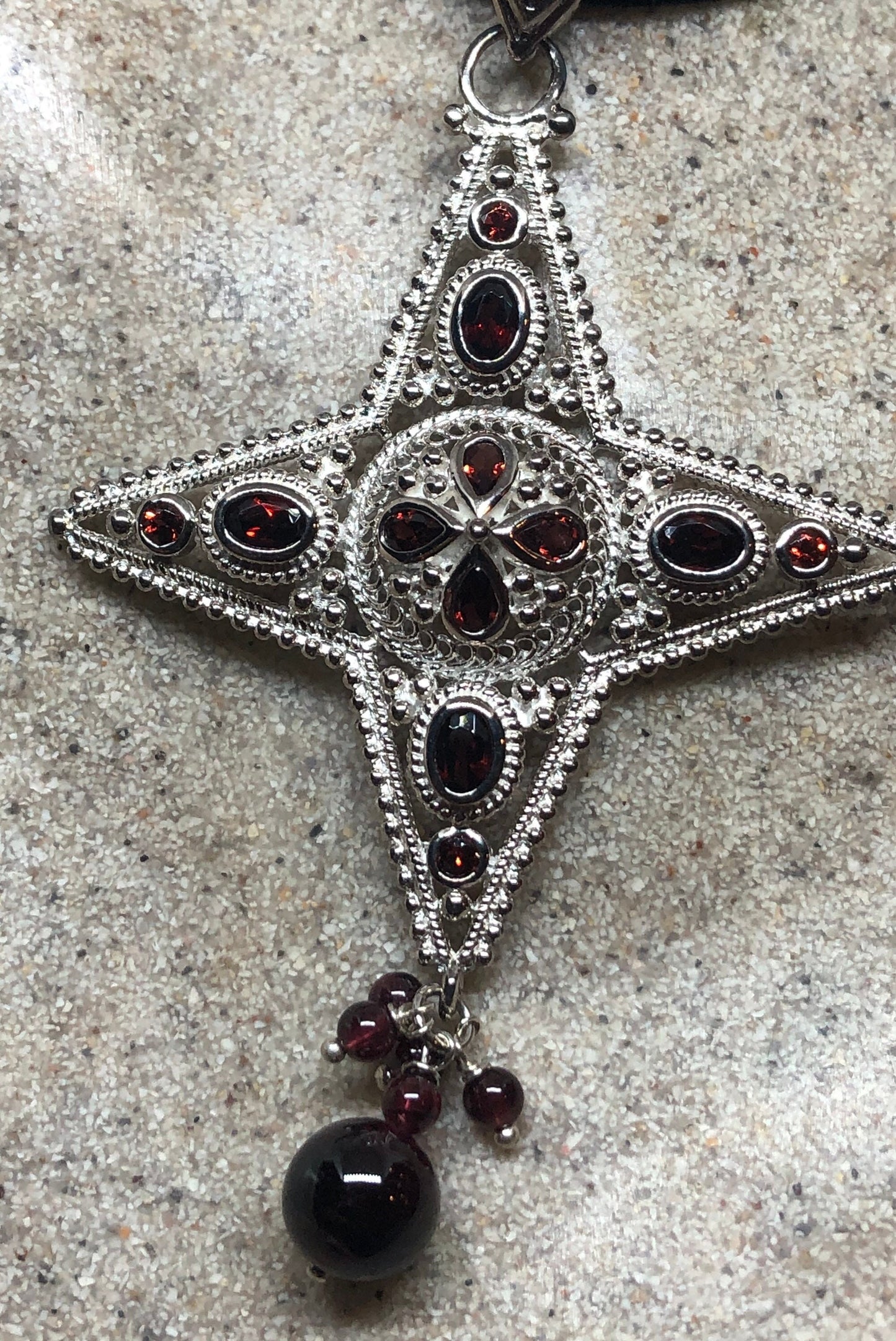 Vintage Bohemian Garnet Cross Choker 925 Sterling Silver Pendant Necklace