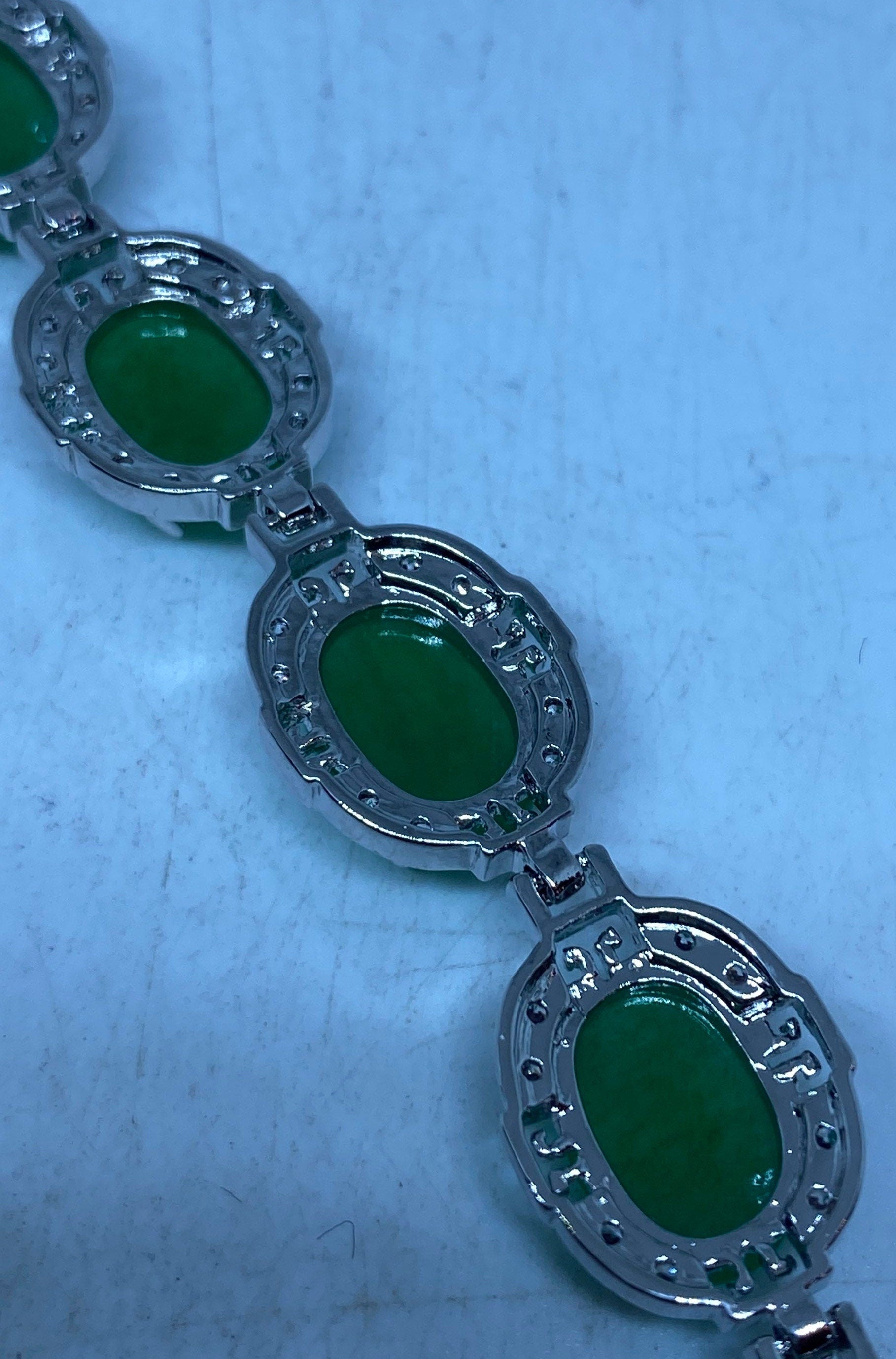 Vintage Deco Green Jade Bracelet Silver White Bronze
