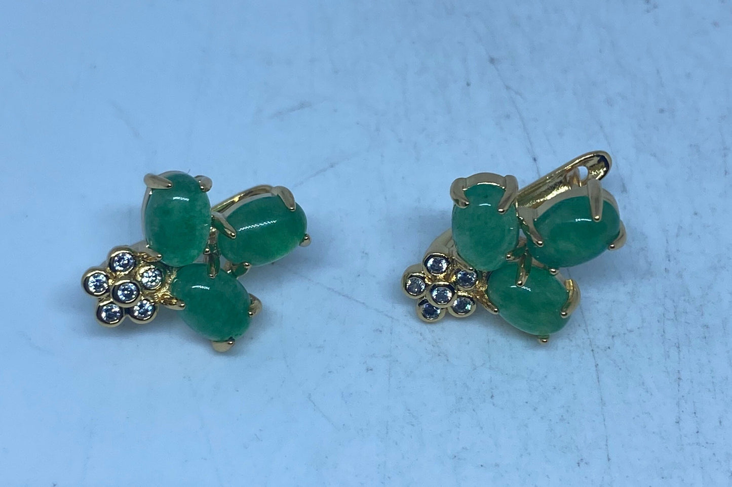 Vintage Fun Green Jade Gemstone Golden Bronze Stud Earrings