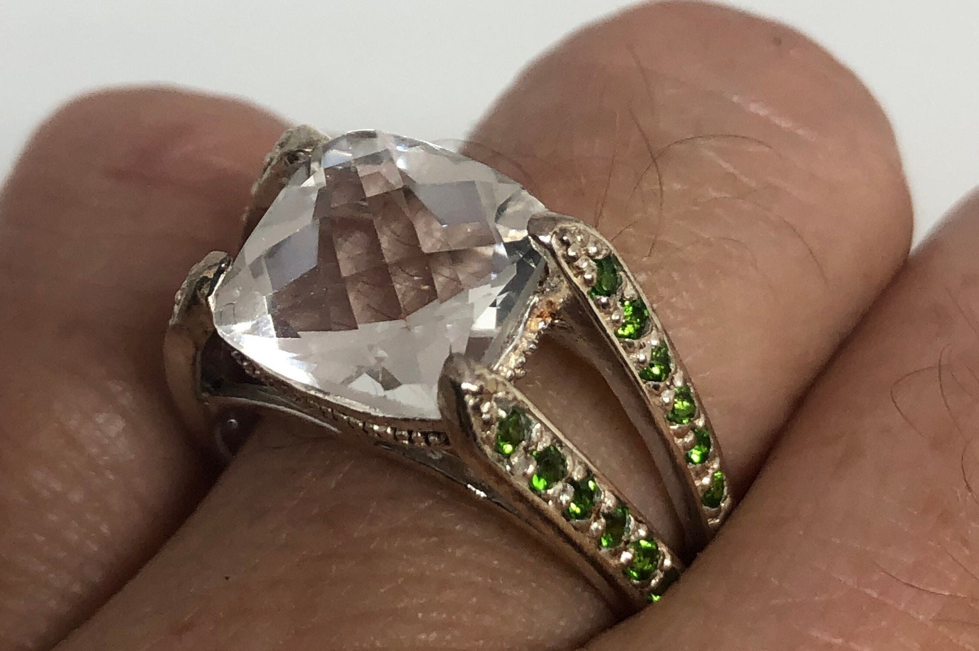 Vintage White Sapphire with Peridot in 925 Sterling Silver Cocktail Ring