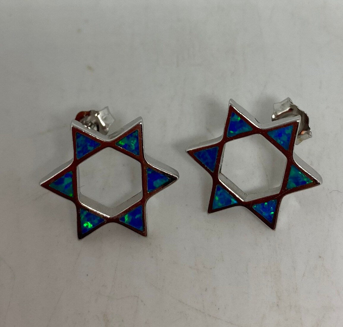 Vintage Blue Opal Star of David Earrings 925 Sterling Silver Stud button